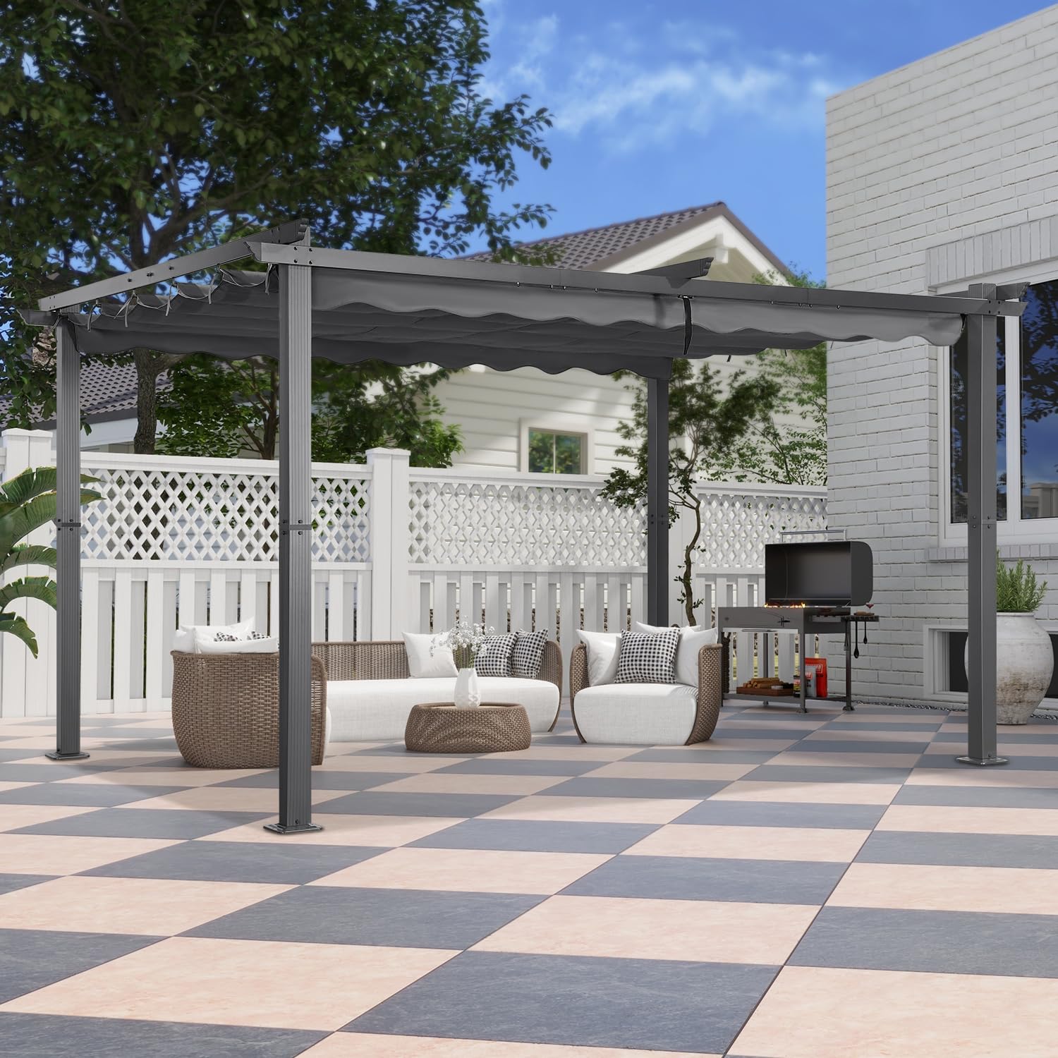 Angel Living Garten Pergola 3 x 4 m Pavillon Gartenpavillon aus Aluminium in anthrazit, Dachrohre aus Stahl, Verstellbares Dach aus Polyester Grau