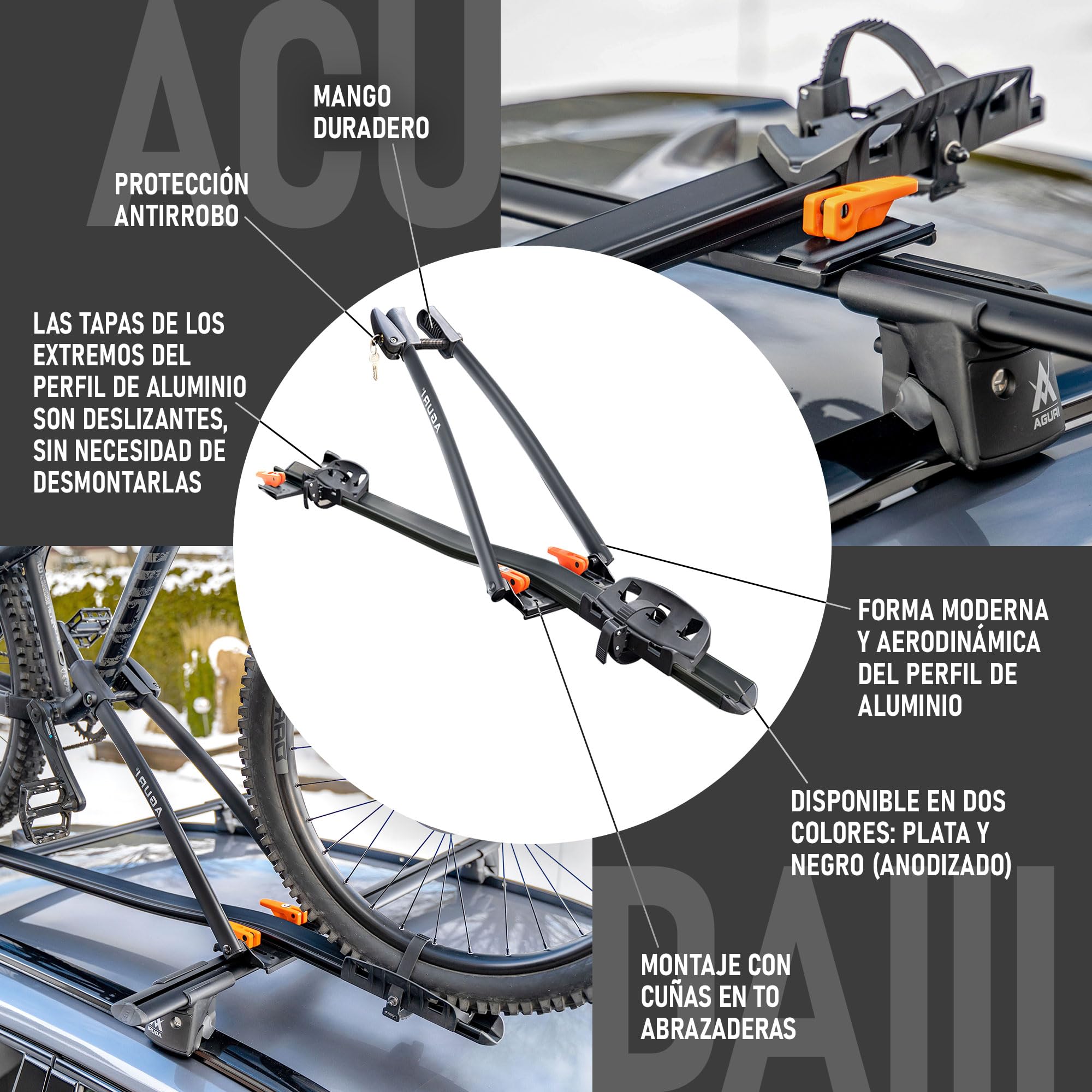 AGURI ACUDA III | Portabicicletas de Techo, Soporte Universal para Bicicletas en el Techo del Automóvil con Cerradura; Capacidad de Carga de hasta 20 kg | Construcción Ligera y Resistente de Aluminio