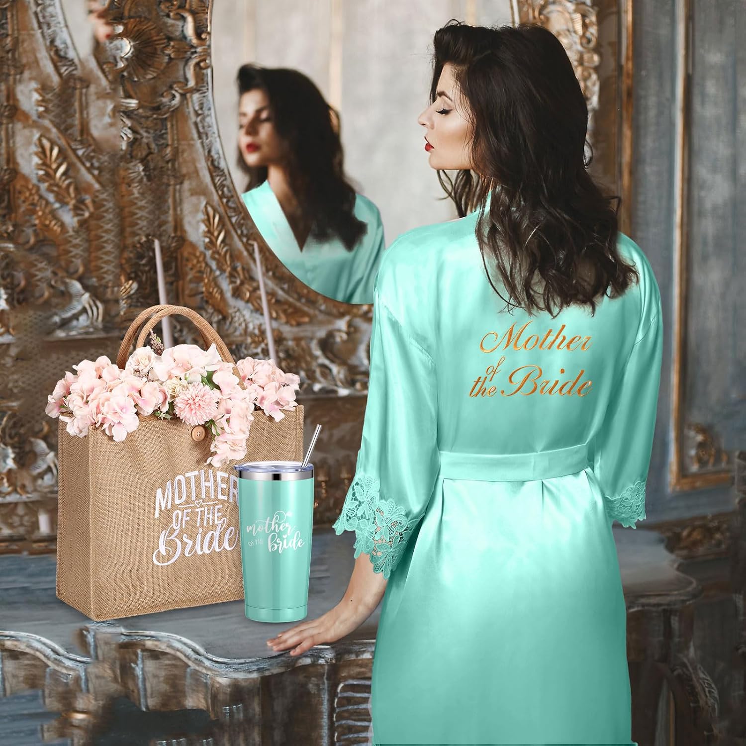 Jeyiour 6 Pcs Mother of Bride and Groom Gift Satin Robe Tote Bag 20oz Tumbler for Engagement Wedding Bridal Shower Gifts(Sage Green)