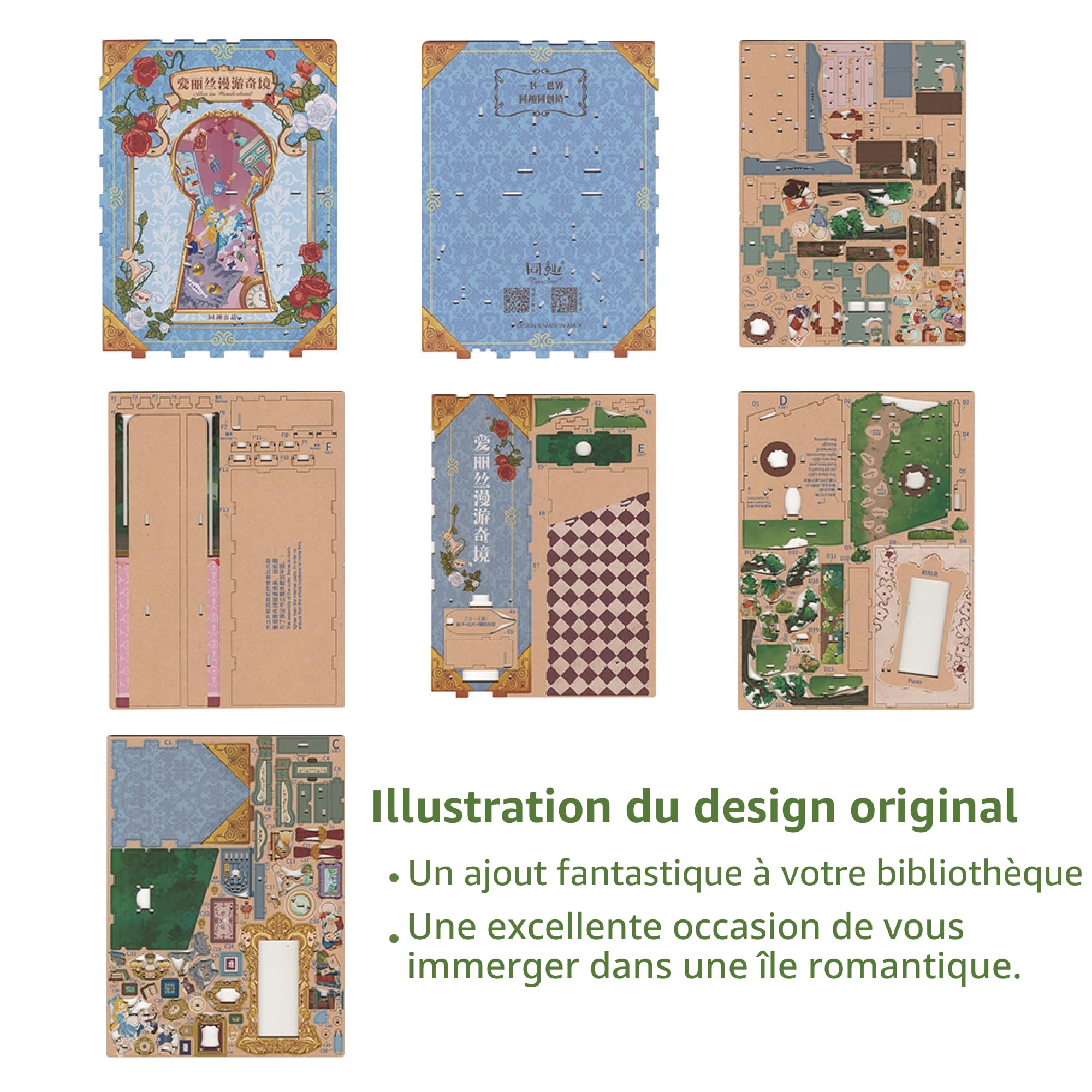 Tonecheer DIY Book Nook Kit 3D Puzzle en Bois Adultes Bricolage Livre Nook Miniatures à Construire (Alice au Pays des Merveilles)