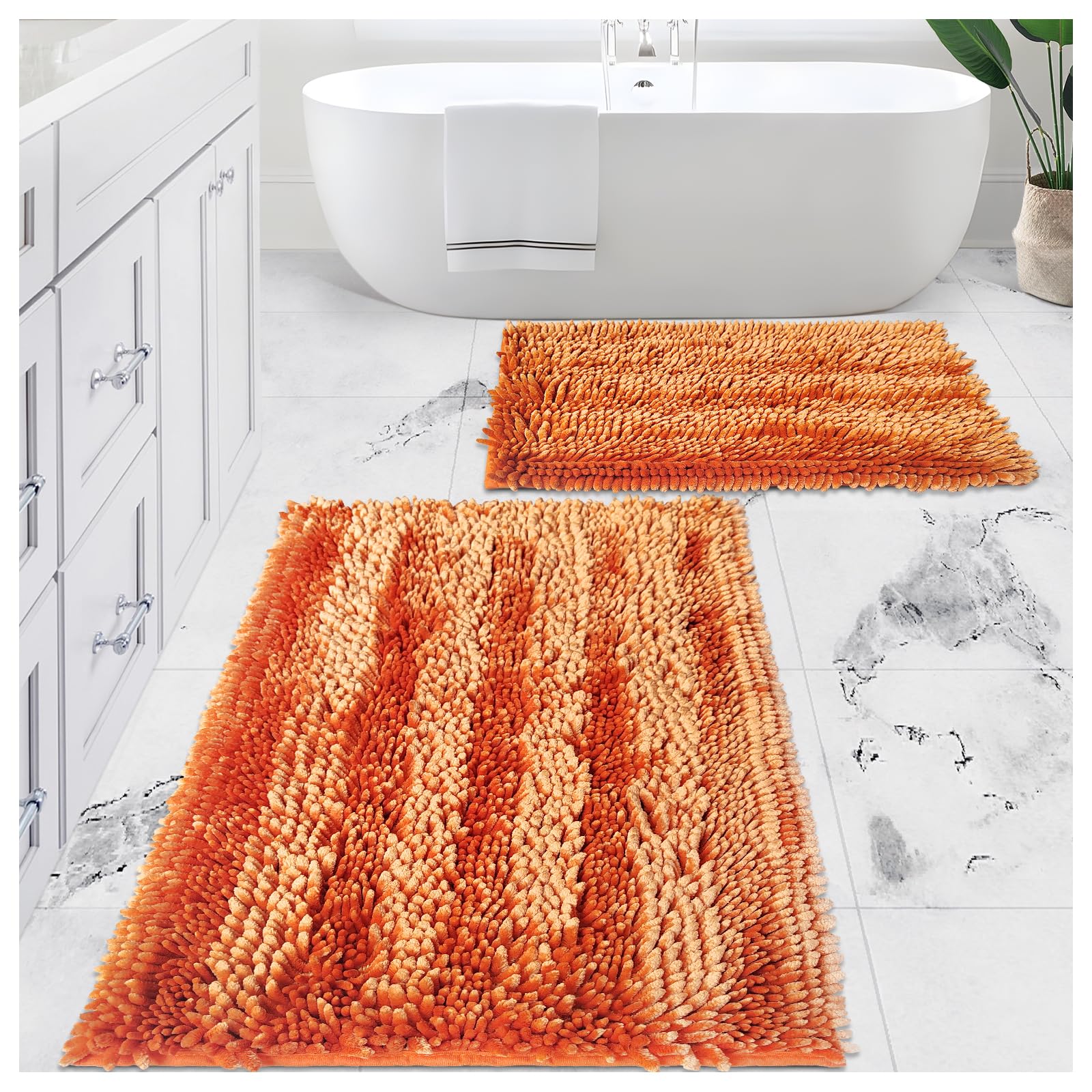 Civkor Orange Bathroom Rugs, Fall Bathroom Rugs Set with Non Slip Backing, Luxury Shiny Chenille Bath Mats Rug Machine Washable and Quick Dry, 31x20