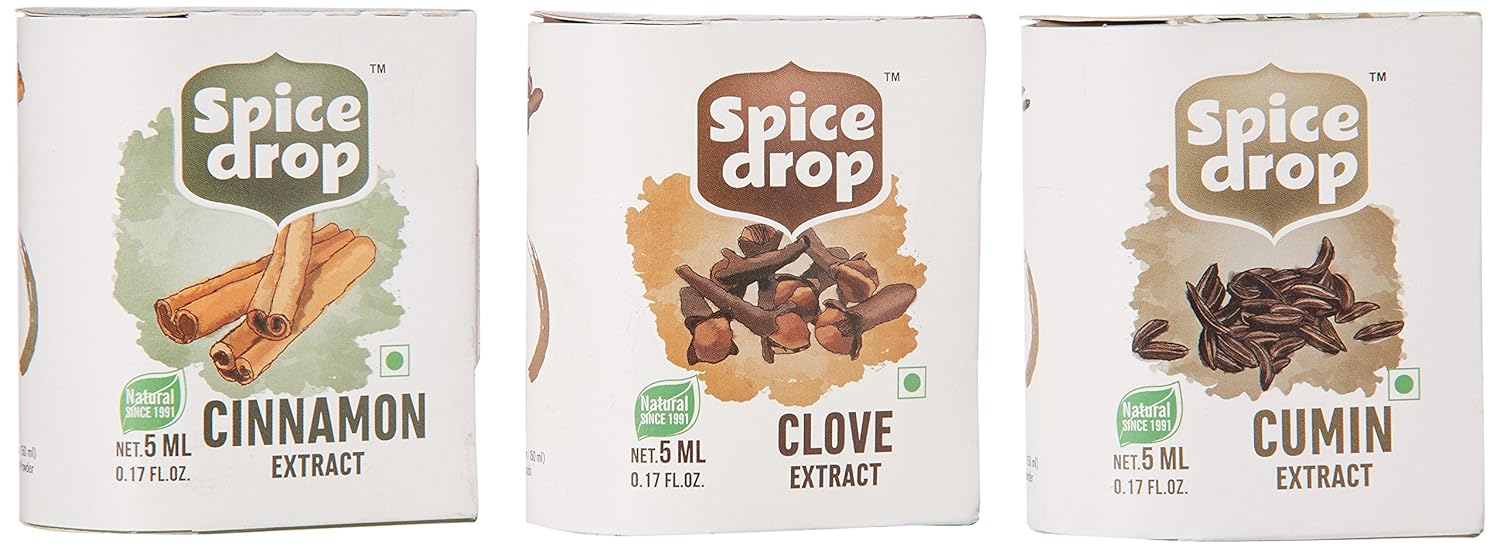 Spice Drop Kitchen Combo | 100% Natural Extract of Cinnamon, Clove and Cumin Extracts | For Food, Chats, Beverages & Dessert | No Preservatives | Vegan | Non-GMO | 180 Drops | 5 ML (Pack of 3) Spice Drop Kitchen Combo | 100% Natural Extract of Cinnamon, Clove and Cumin Extracts | For Food, Chats, Beverages & Dessert | No Preservatives | Vegan | Non-GMO | 180 Drops | 5 ML (Pack of 3)