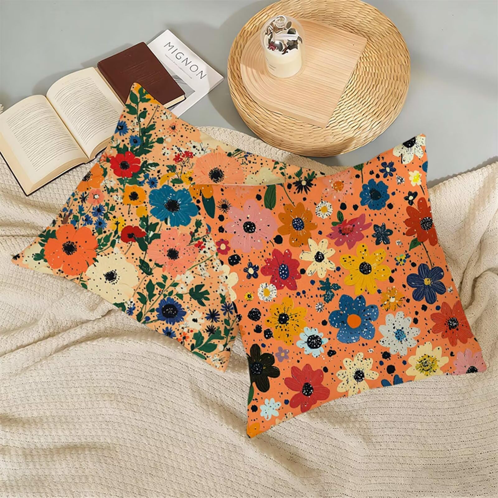Housse de Coussin 80 x 80 CM Lin,Lot de 2 Housse Coussin Orange,Taie Oreiller Fleur Impermeable,Respirant Confort Coussins Décoratifs Convient à toutes les saisons pour Décor Jardin Salon Canapé X-663