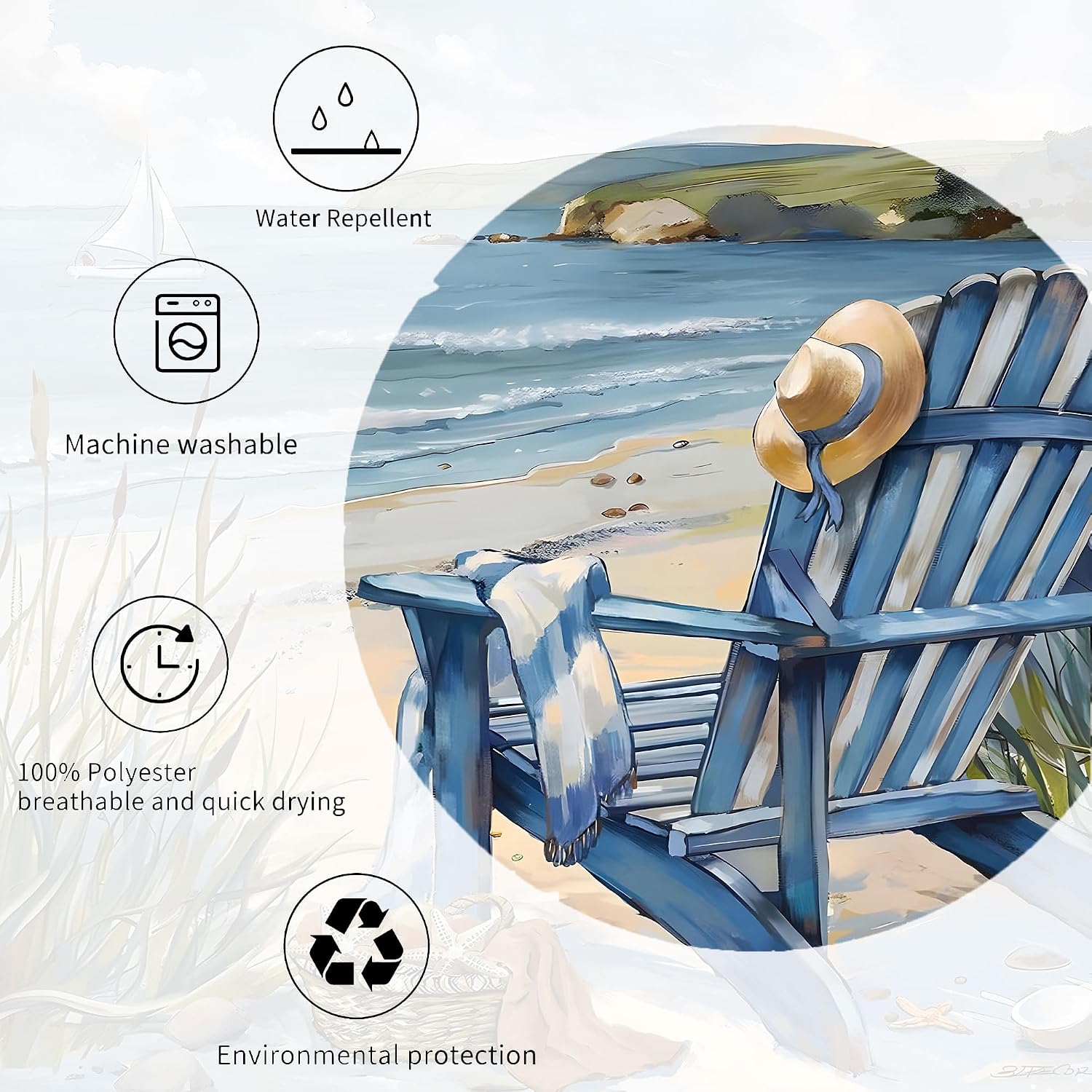 Summer Beach Coastal Shower Curtain 72Wx72L Inch Blue Sea Ocean Landscape Scenery Hawaii Waves Seaside Bathroom Accessories Set Decor Beachy Recliner Chair Waterproof Polyester Fabric 12 Hook image 5