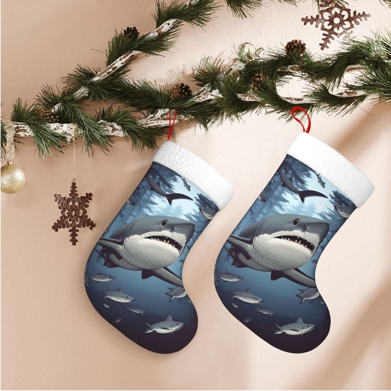 Funny Sharks Design Christmas Stockings Velvet Xmas Fireplace Hanging Stocking with Plush Cuff Rustic Christmas Santa Stockings for Home Christmas Decorations Party Favor Supplies