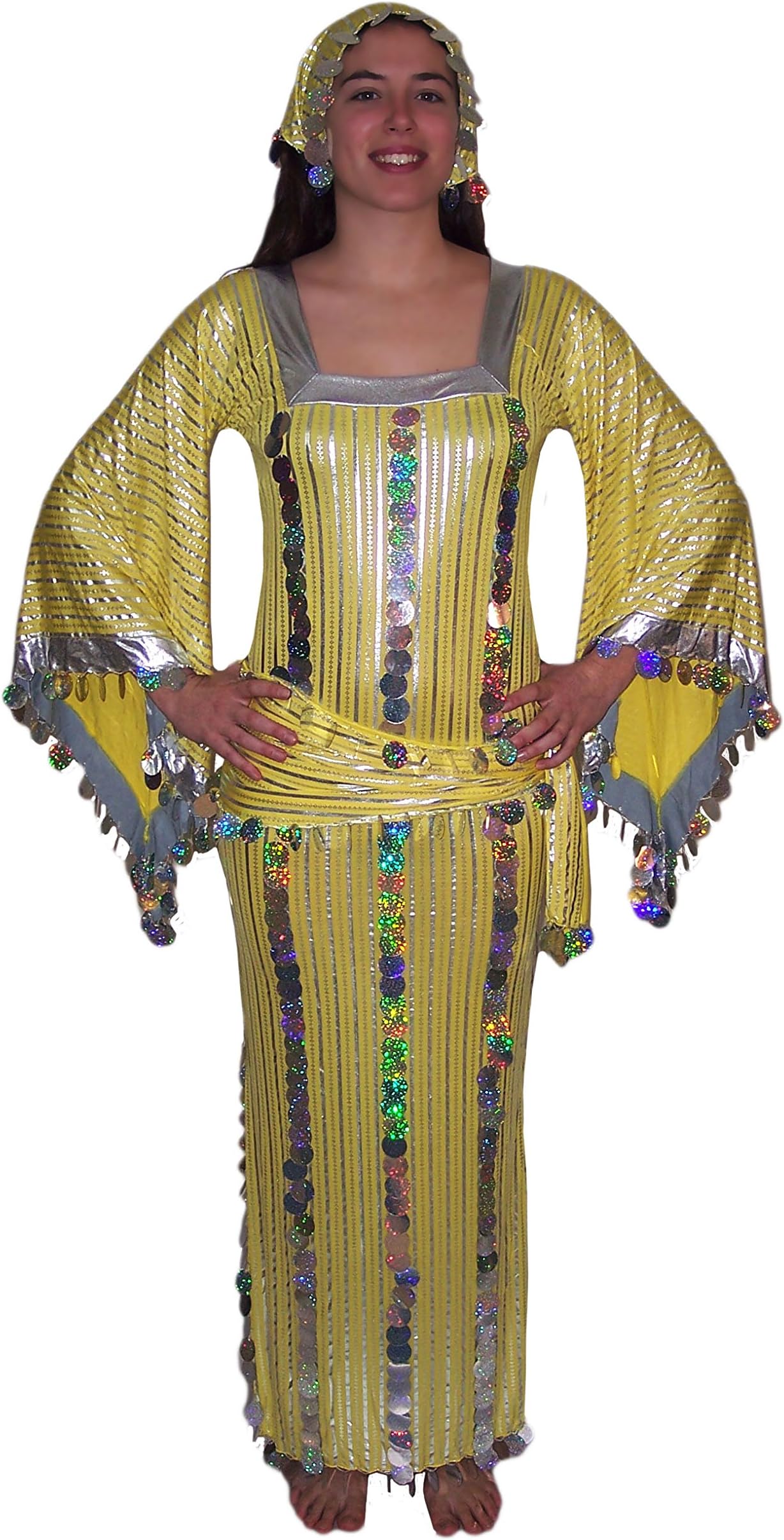 Women Belly Dance Folkloric Baladi Egyptian Galabeya Dancing Dress Costume (S/M, Yellow& Silver)