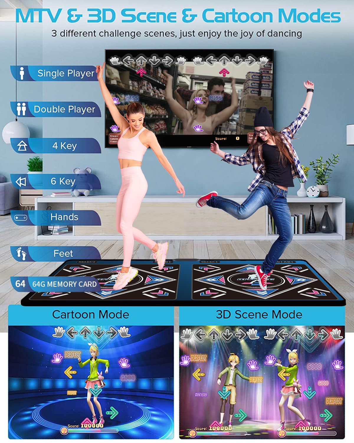 Tapete de baile musical para niños y adultos, ideal para juegos de baile de fitness, 899 juegos, tarjeta de memoria de 64 GB, 75 videos musicales, 650 canciones. Hecho de franela de alta 3