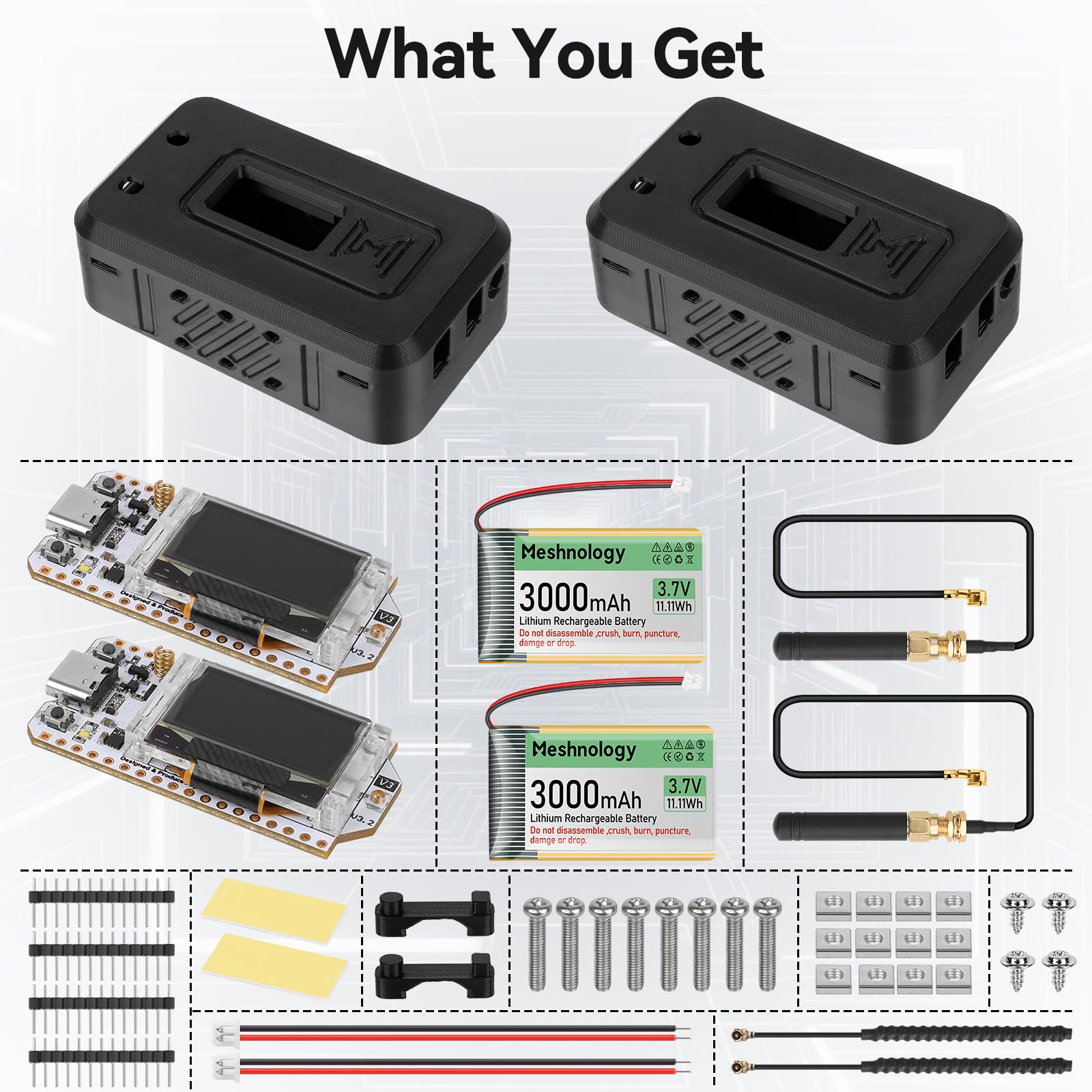 2 set ESP32 LoRa V3 scheda modulo con antenna 915 MHz + batteria 3000 mAh + custodia – WiFi integrato Blue tooth SX1262 CP2102 0,96" OLED Display tipo C per Ar duino Lora Meshtastic IOT (N35, nero)