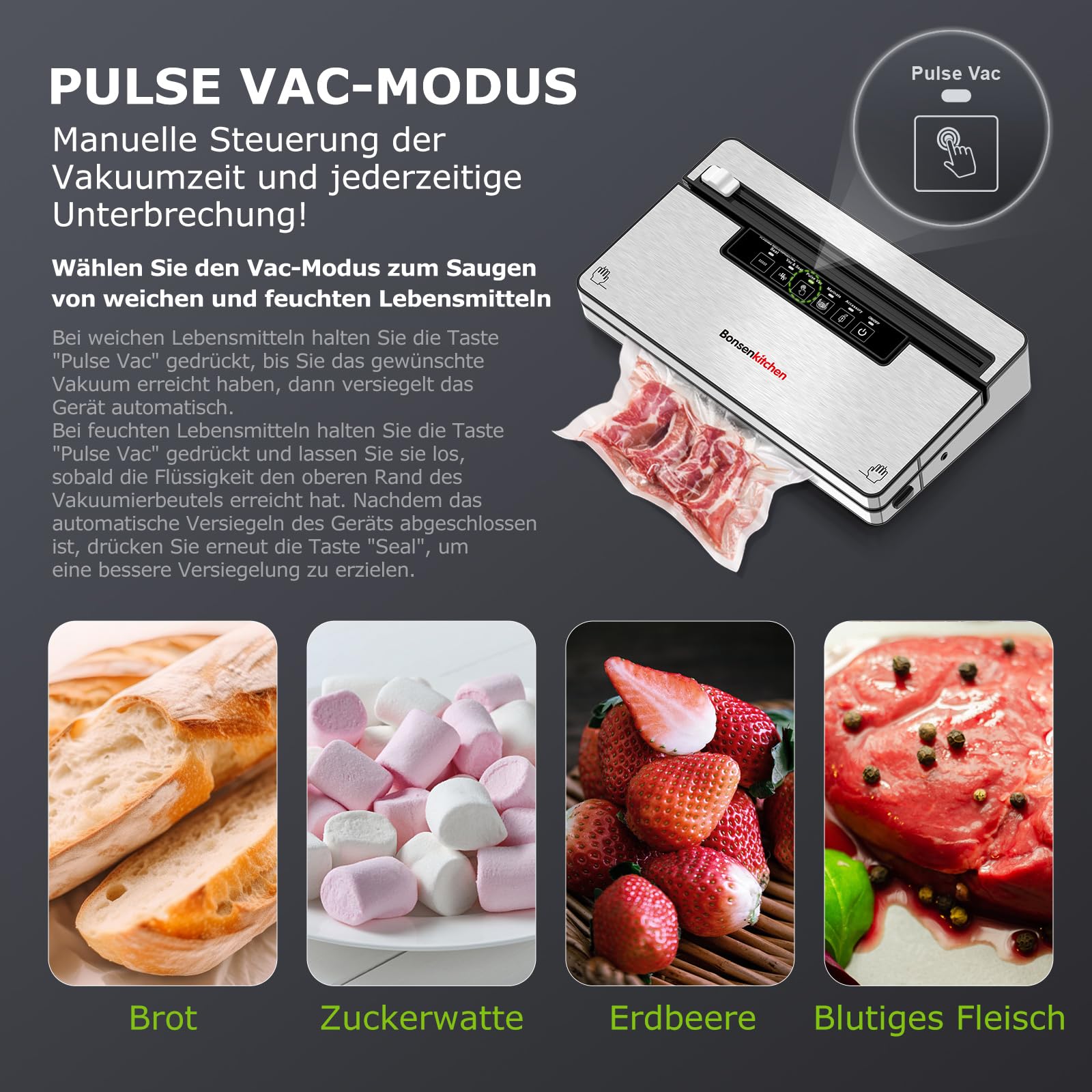 Bonsenkitchen Vakuumierer Stark Vakuumiergerät 5 Modi 8 L/Min Globefish-Technologie Kontinuierliches Arbeiten Hohe Geschwindigkeit 5 Vakuumbeutel 1 Rollbeutel