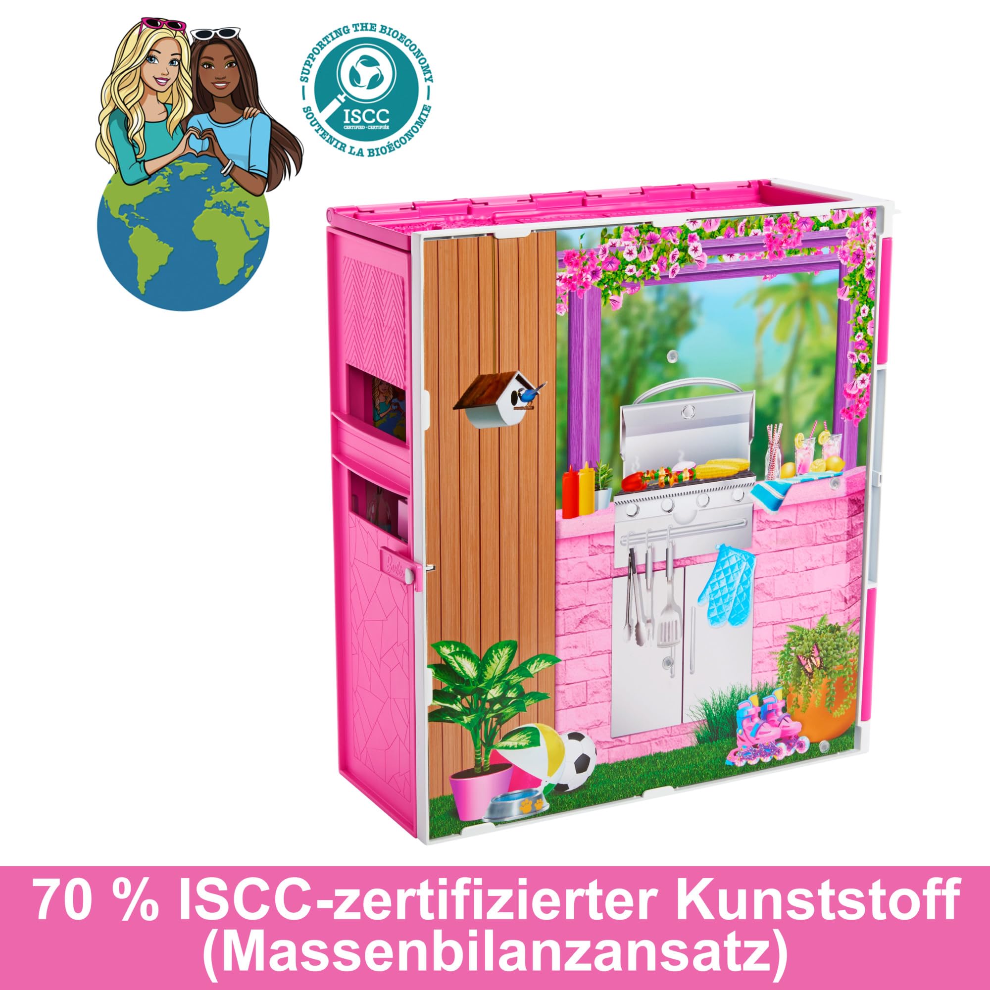 Barbie-Puppenhaus Spielset, Ferienhaus mit 4 Spielbereichen, darunter Küche, Badezimmer, Schlafzimmer und Lounge, 11 Deko-Zubehörteile, HRJ76