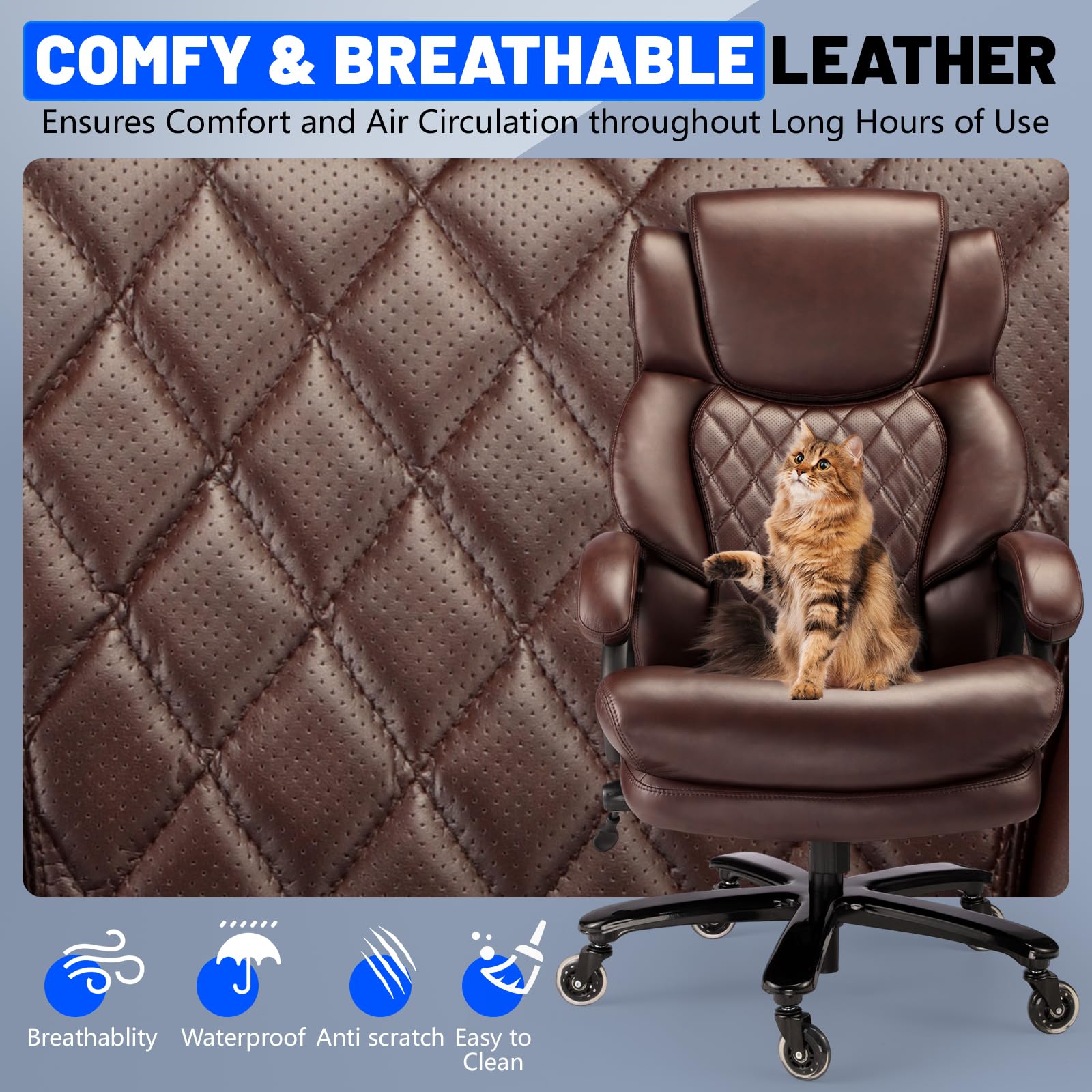 800lbs Big and Tall Office Chair, Executive Chair with Adjustable Headrest, High Back Extra Wide Seat, Heavy Duty PU Leather for Home Office, Comfortable Large Computer Desk Chair