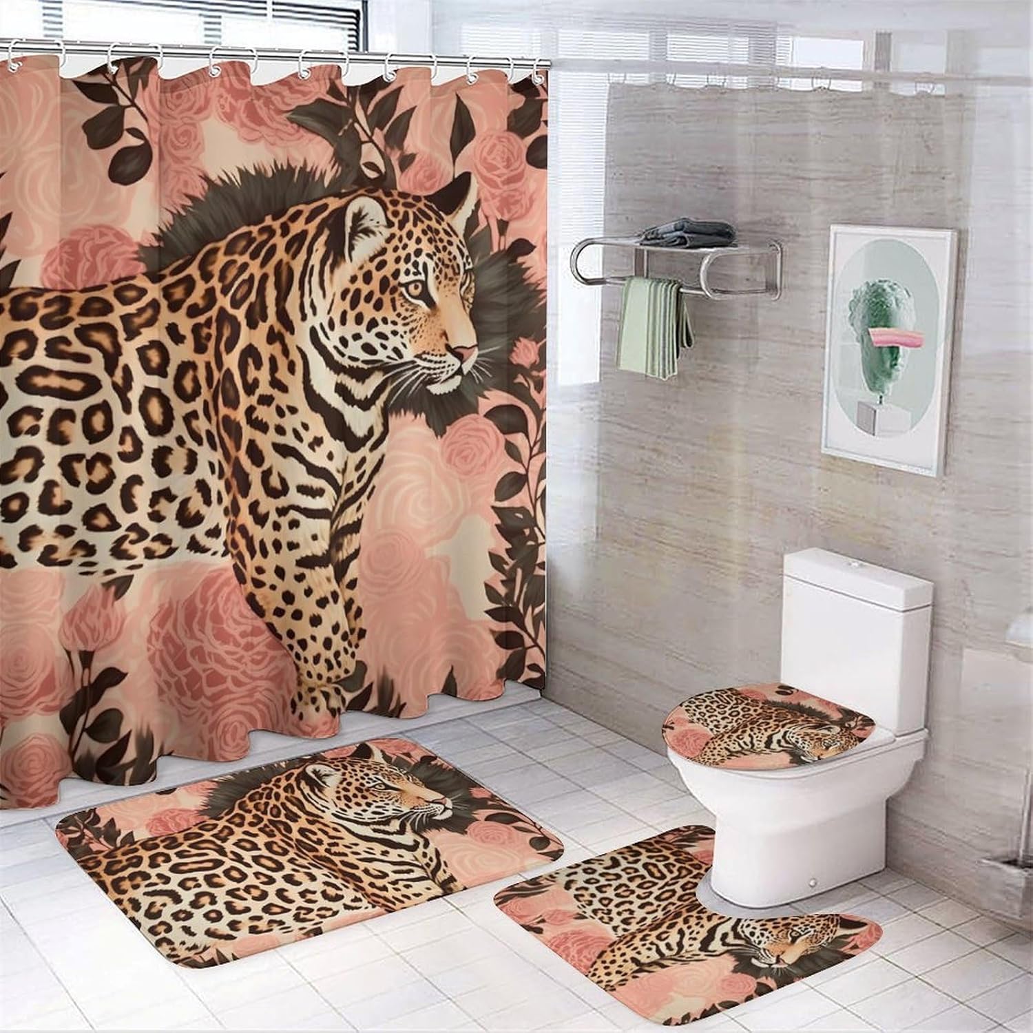 Striped Leopard Shower Curtain Set 4 Piece, Non-Slip Bath Mat with Toilet Lid Cover and Waterproof Shower Curtain with 12 Hooks, Complete Bathroom Set for Home Decor