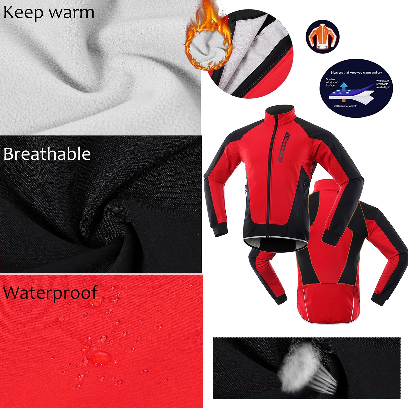 Veste de Cyclisme Manteau Polaire Thermique pour Femme, Vestes Réfléchissantes Composites à Trois Couches Imperméable Coupe-Vent Respirant