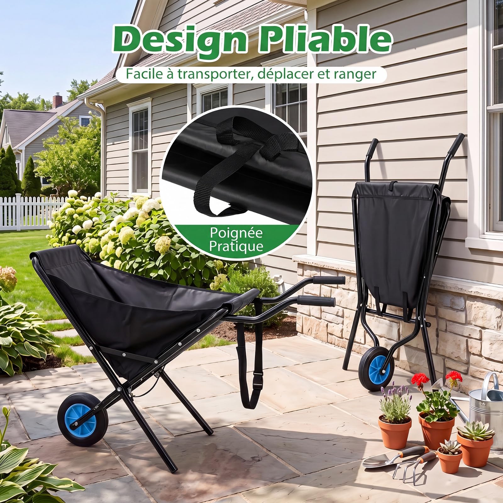 COSTWAY Brouette de Jardin Pliable, Sac en Toile d'Oxford