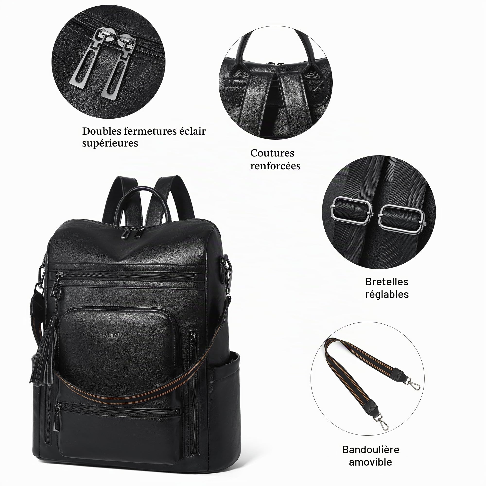 Shrrie Sac à dos ordinateur portable femme 15,6 pouces en cuir vegan | Sac tendance imperméable antivol à multiples poches,compartiment ordinateur,pour travail,voyage,affaires,université