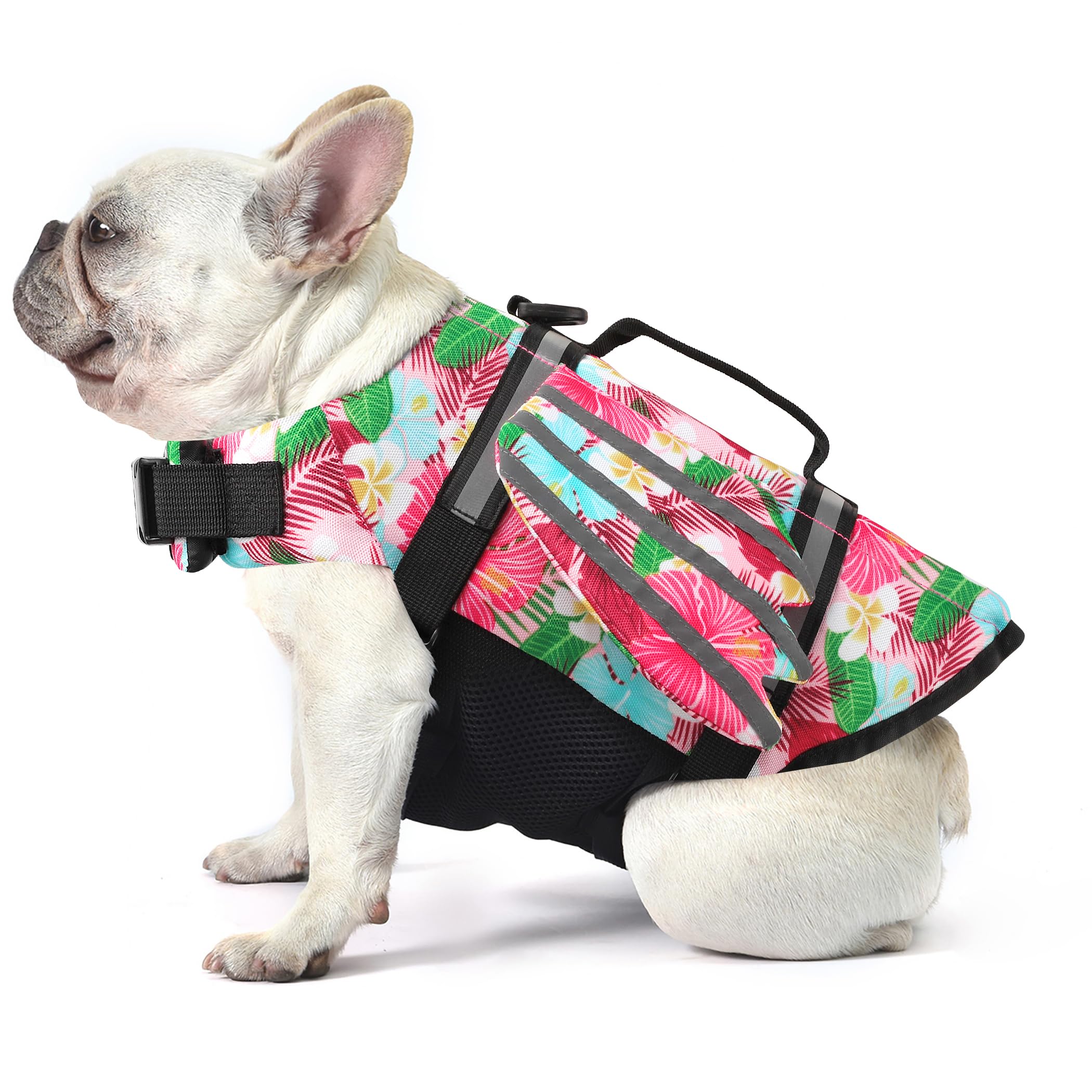 Petglad Wings Dog Life Jacket Adjustable Dog Life Vest with Chin Float Reflective Stripes and Rescue Handles, High Buoyancy Hawaiian Floral Puppy Swim