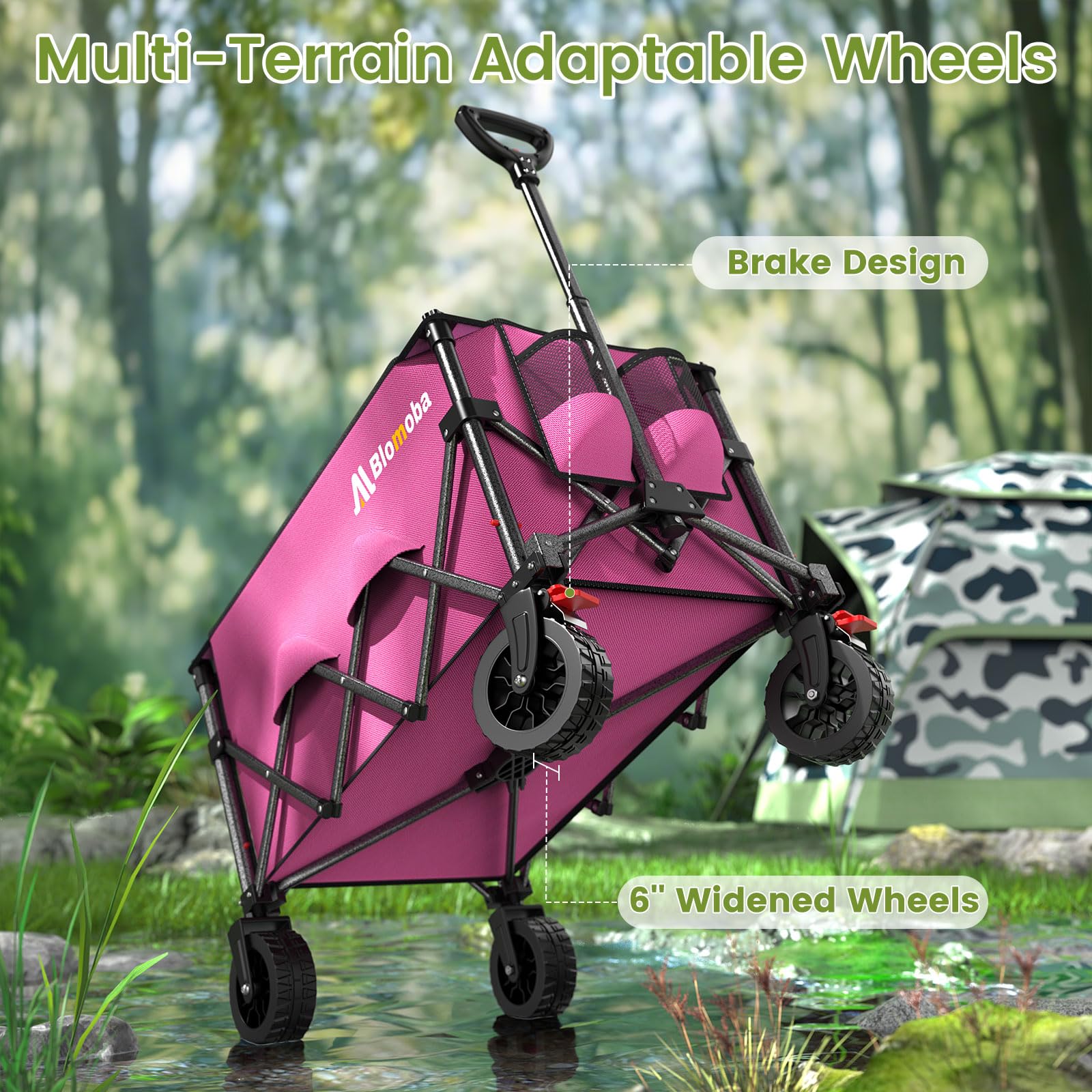 Blomoba Carro plegable de playa de 220 libras con ruedas más anchas y asa de rebote automático, carrito de compras de 150 litros para jardín, compras, camping, deportes, color rosa