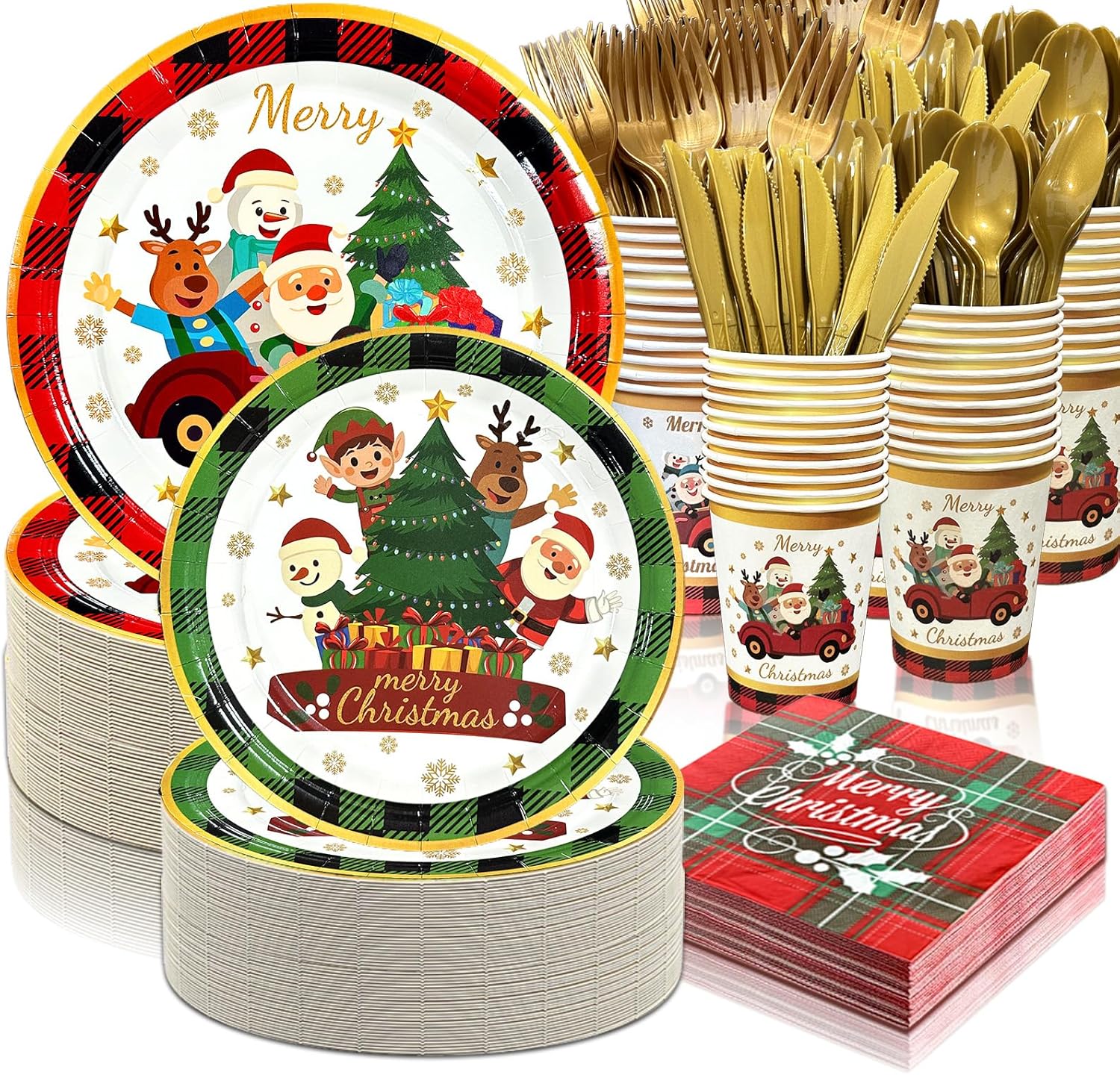 700 pcs christmas paper plates and napkins sets, christmas tableware set includes disposable dessert plates cups gold knives forks spoons disposable dinnerware set (100 guest) christmas 100 guest
