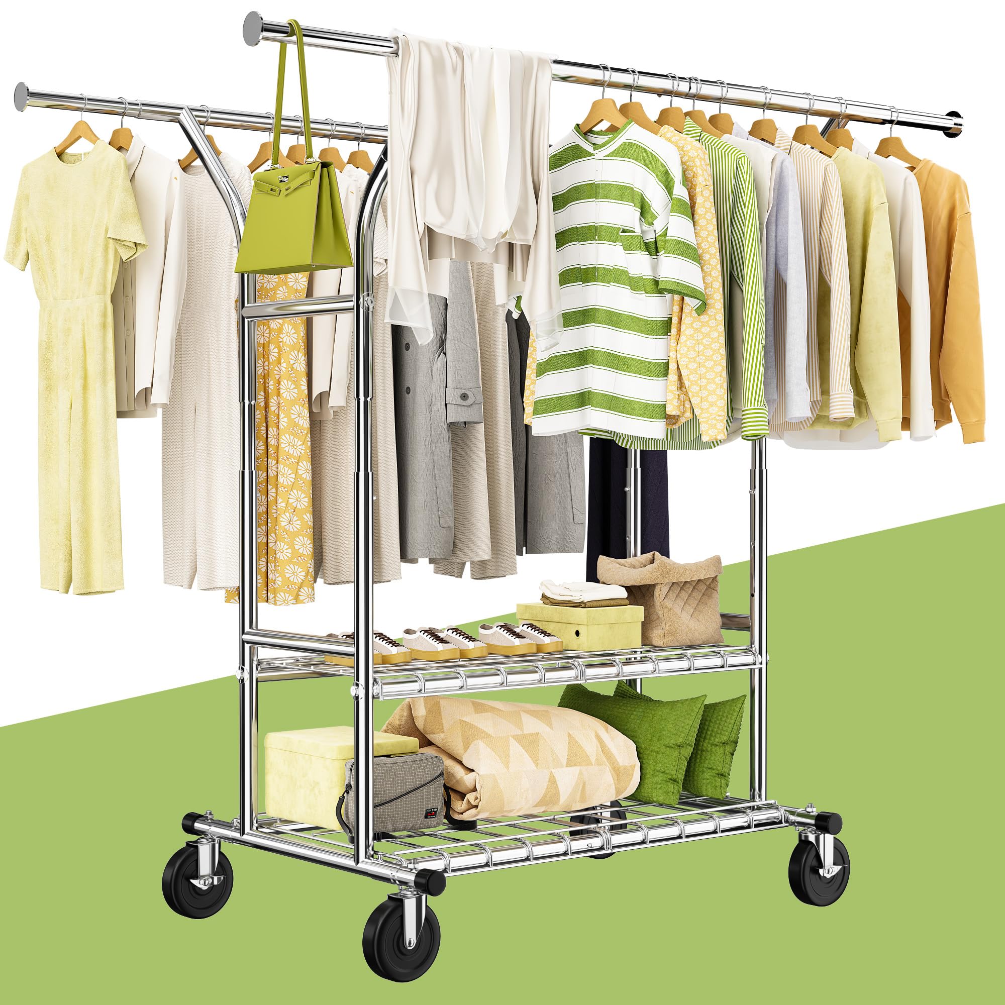 Bepatio Clothes Rack, Clothing Rack with Wheels 640 LBS Adjustable Garment Rack Heavy Duty Clothes Rack for Hanging Clothes Rolling Clothing Rack with Double Shelves