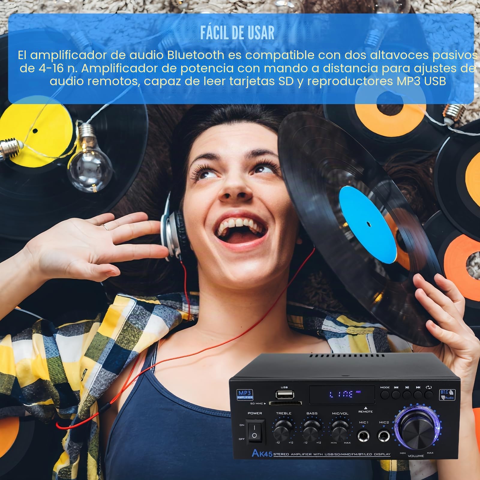 Miniamplificador de Audio estéreo AK45 con Bluetooth, 12 V/240 V, 2.0 Canales, 40 W x 2, Amplificador Digital de Potencia con Radio FM, Control Remoto, Entrada SD/USB, micrófono, Bluetooth
