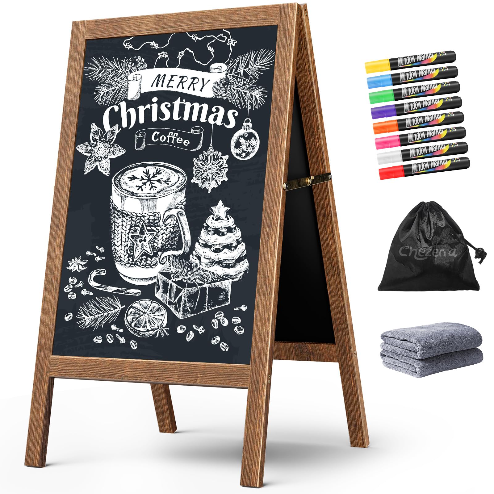 Chezerra A Frame Chalkboard Sign, 40"x20" Extra Large Sidewalk Chalk Board, Wooden Standing ChalkBoards Set with Markers, Double-Sided Magnetic Blackboard for Cafés, Weddings, Party Guide, Brown