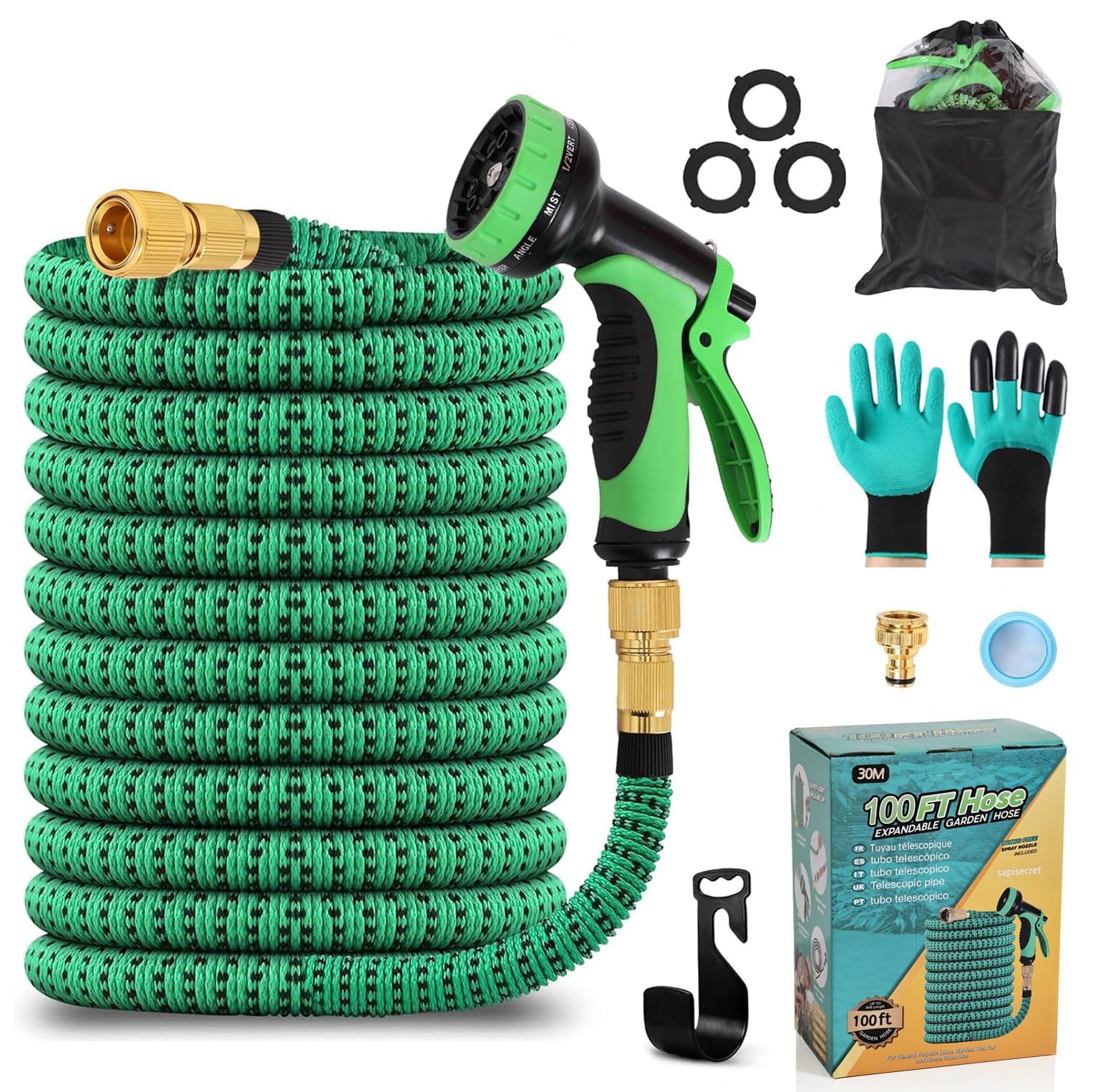 Tubo da Giardino Estensibile Tubo da Giardino 100FT/30m, Tubo per Irrigazione con Ugello a 10 Funzioni,Tubo Irrigazione con Raccordi in Ottone da 3/4" Per Lavaggio Auto, Giardino, Prato (100FT/30m)