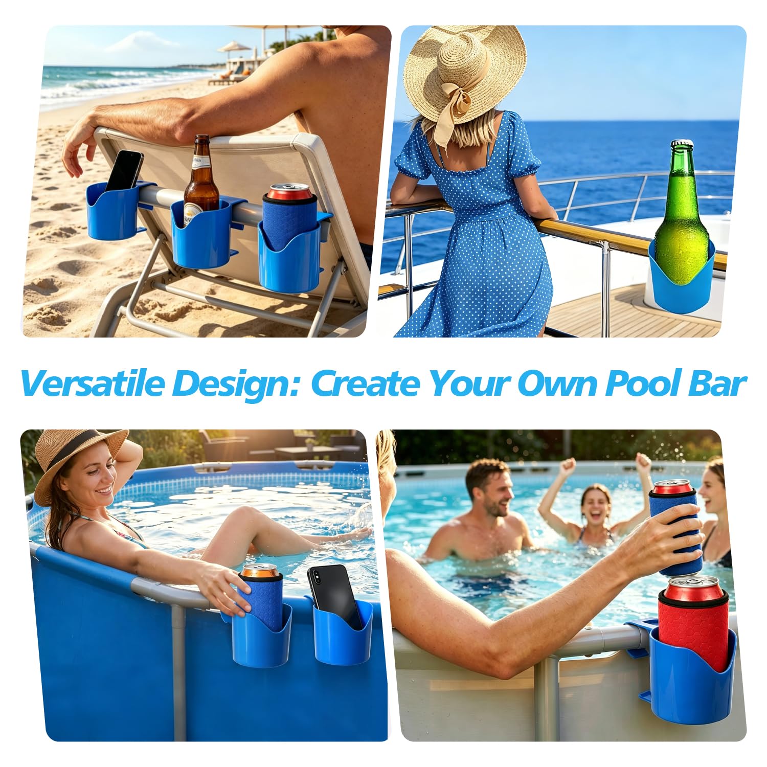 Pool Getränkehalter Set mit 4 Haltern und 4 Bierkühler Getränkehalter Pool zum Einhängen am Poolrand als Pool Zubehör für Oberirdische Pools Partys Bootfahren und Camping
