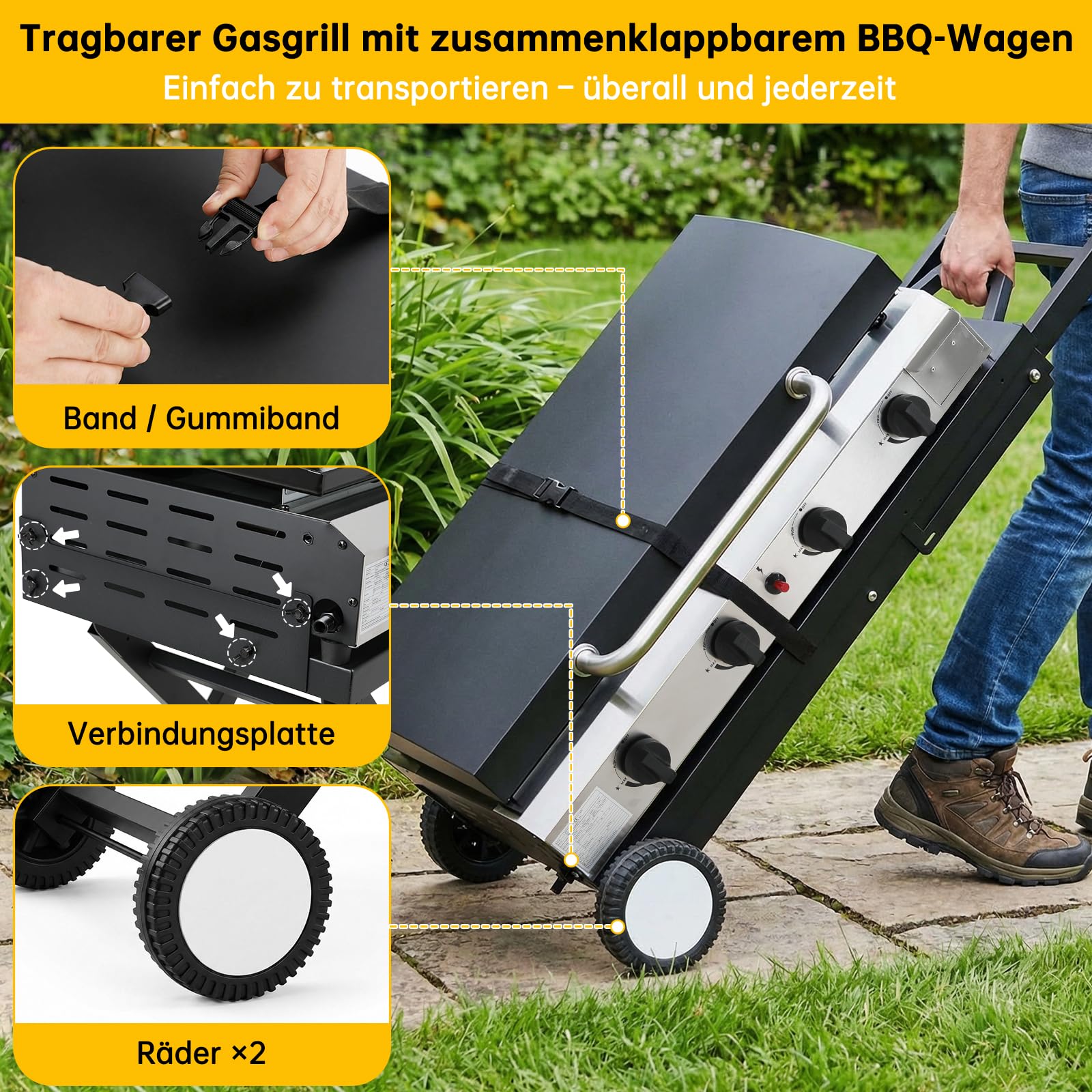LIFERUN 4 Brenner Gasgrill Edelstahl(9.6kW) inkl. Grilltisch Klappbar, Tragbarer Tischgasgrill mit Separatem Grillständer, Gas Plancha Tischgrill mit Deckel & Grillwagen, für Camping, Terrasse, BBQ