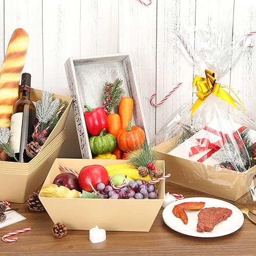 Miniatura 2 de AFOROEOA Paquete de 10 cestas vacías para regalos, cesta de regalo de papel kraft de 10 x 12 pulgadas de grosor con 10 lazos, 10 bolsas vacías de