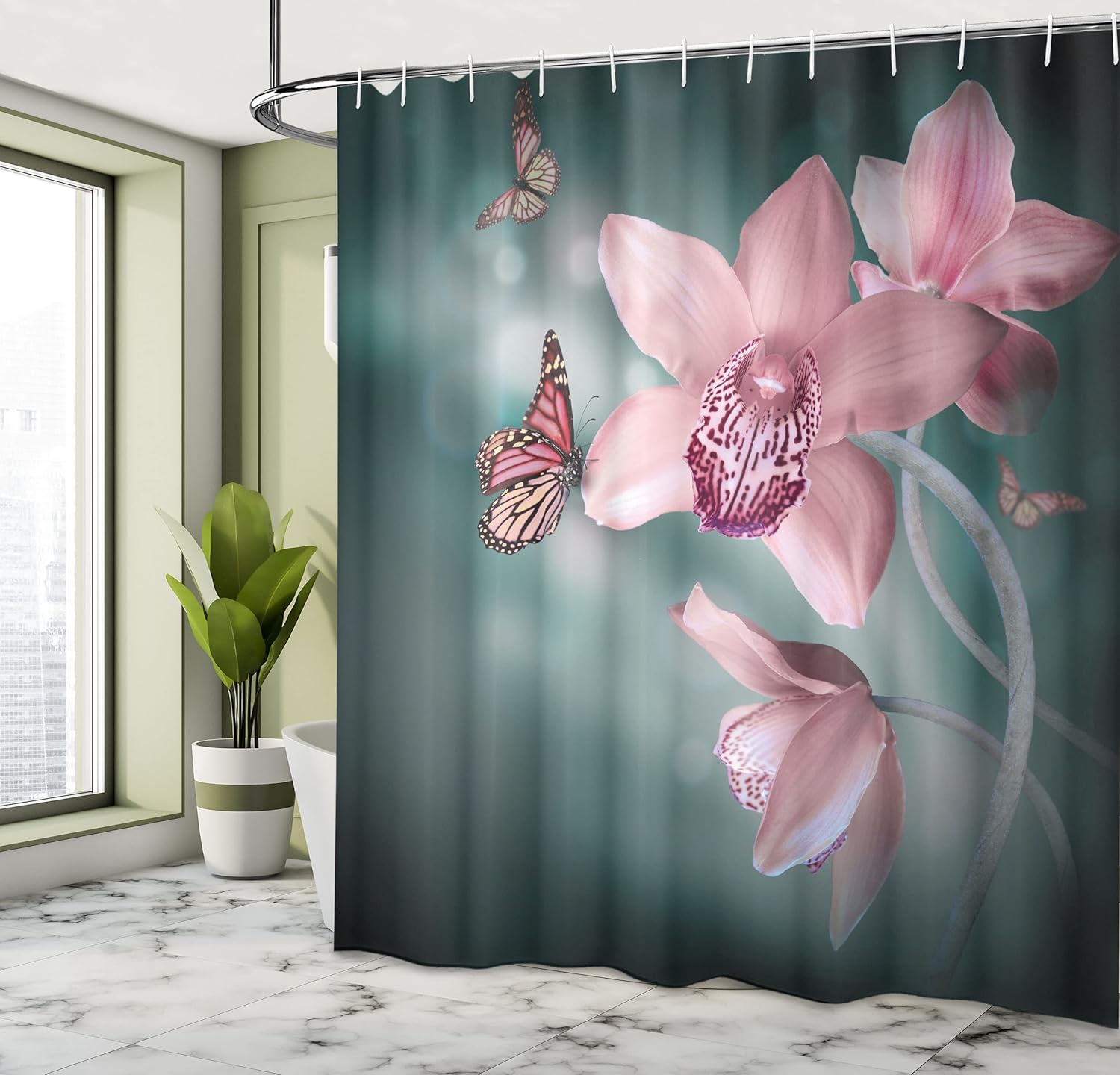 Ambesonne Floral Shower Curtain, Orchid Flower Butterfly Soft Fresh Spring Nature Theme Art Photo, Cloth Fabric Bathroom Decor Set with Hooks, 69" W x 84" L, Jade Green Pale Pink