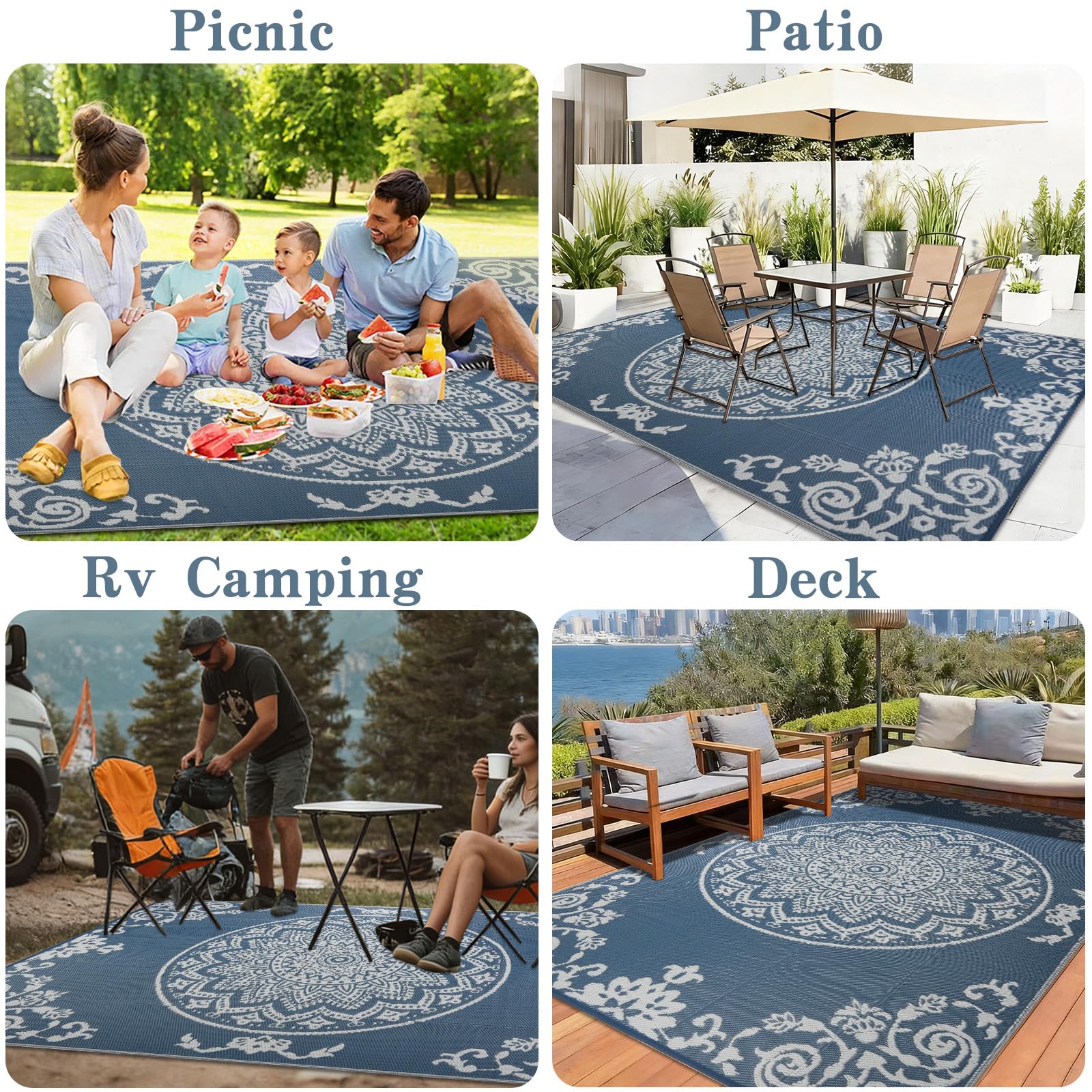 Homcomodar Tapis Exterieur Resistant Pluie Réversible 180x270cm Tapis Exterieur Terrasse Tapisextérieur pour Balcon, Terrasse, Jardin, Camping, Pique-Nique（Bleu& Blanc ）