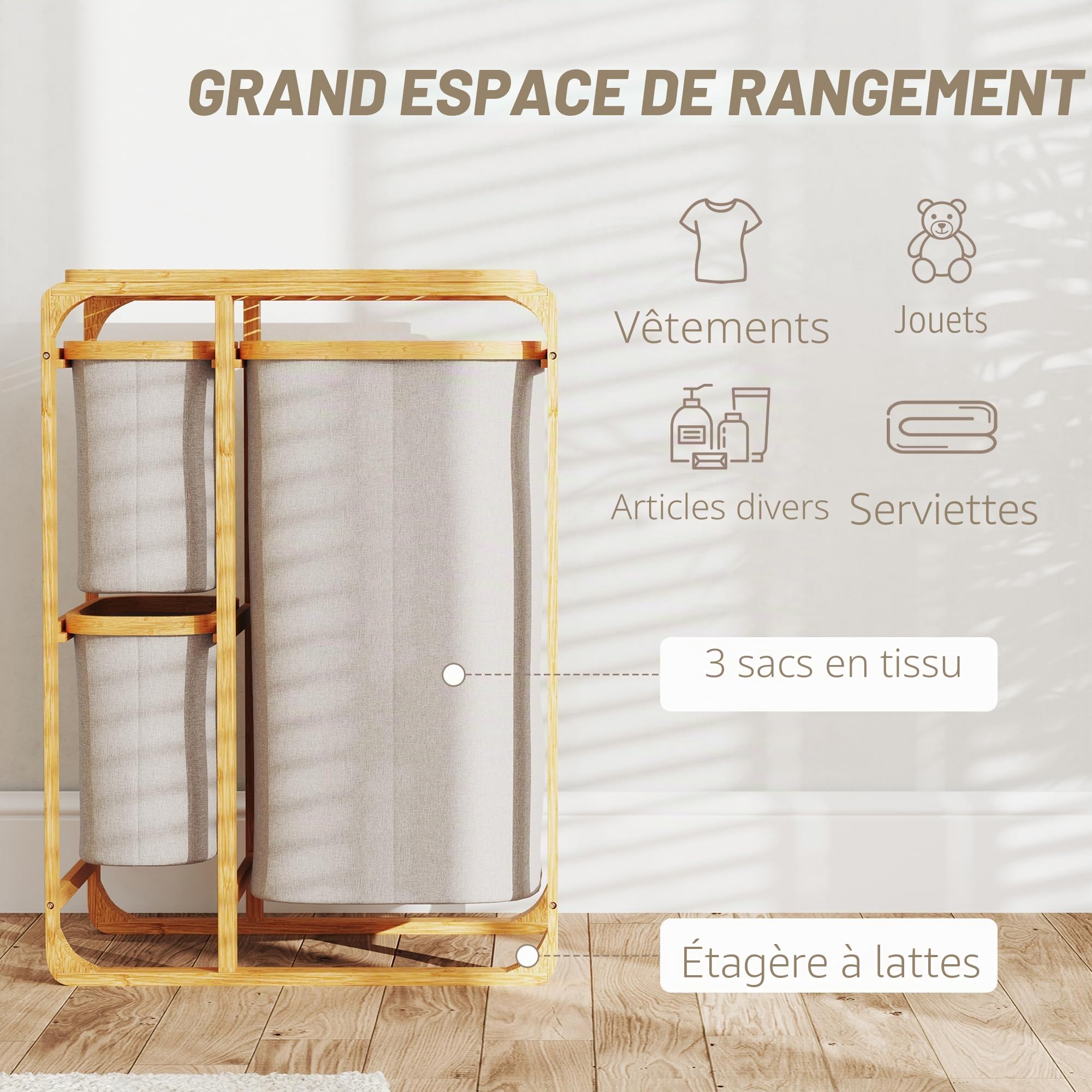 HOMCOM Panier à linge avec 3 sacs et étagères amovibles en textile, panier à linge en bambou, 50x32x69.7 cm, bambou et couleur crème