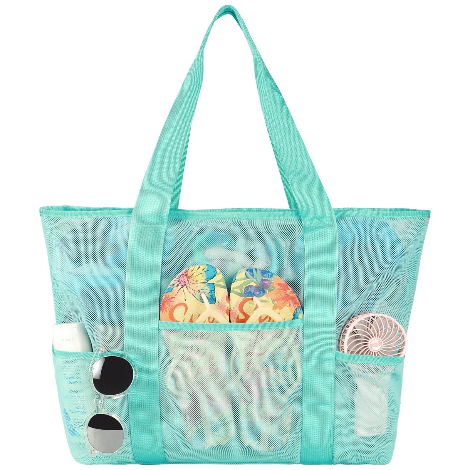 Green Mesh Beach Bag, 5 Pockets Large Zipper Tote Bag, Waterproof Sandproof Stylish Beach Bags for Women, Handbag for Daily Vacation-image-27