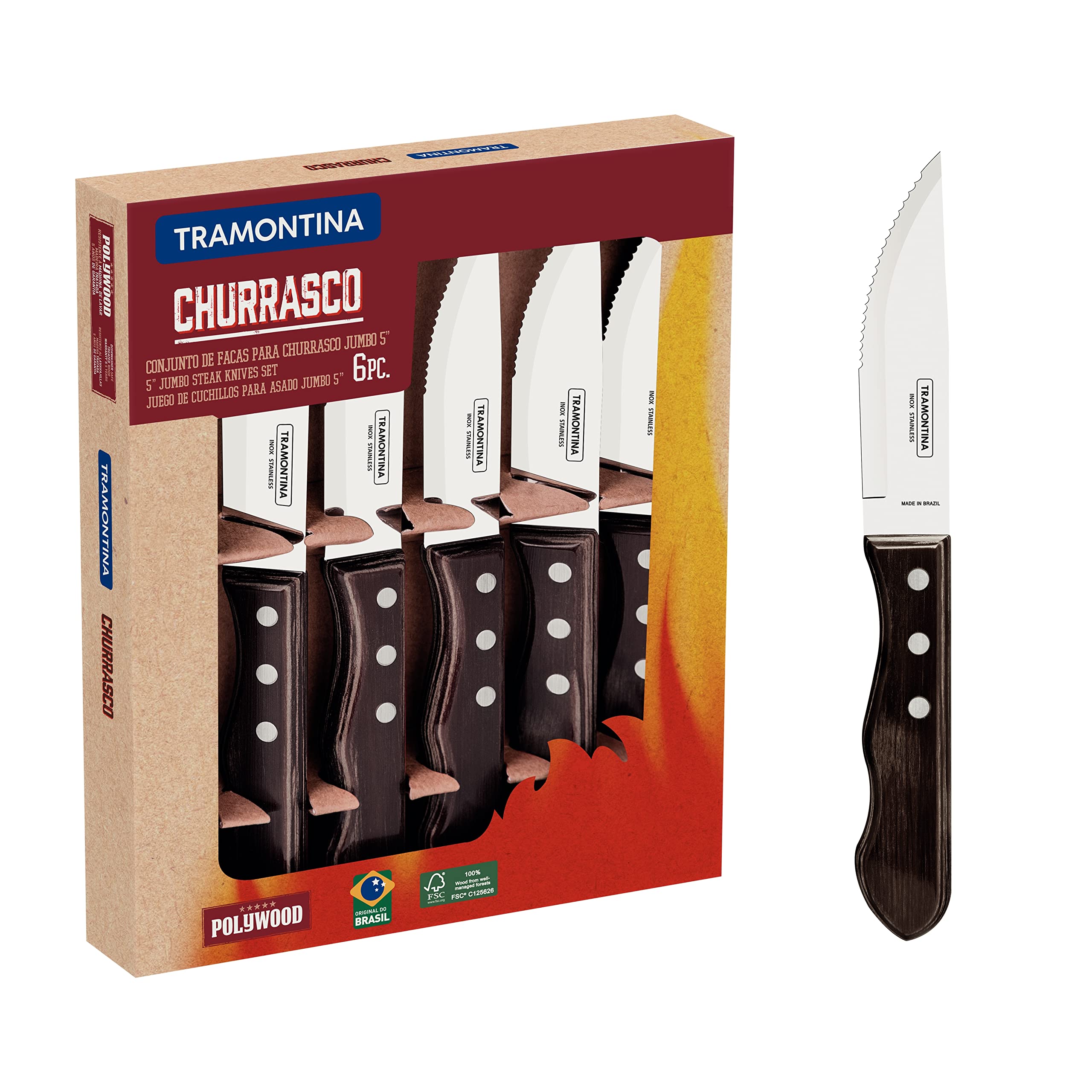 Tramontina Set di Coltelli da Bistecca Jumbo Acciaio Inossidabile e Manico in Polywood Castagno 6 Pezzi
