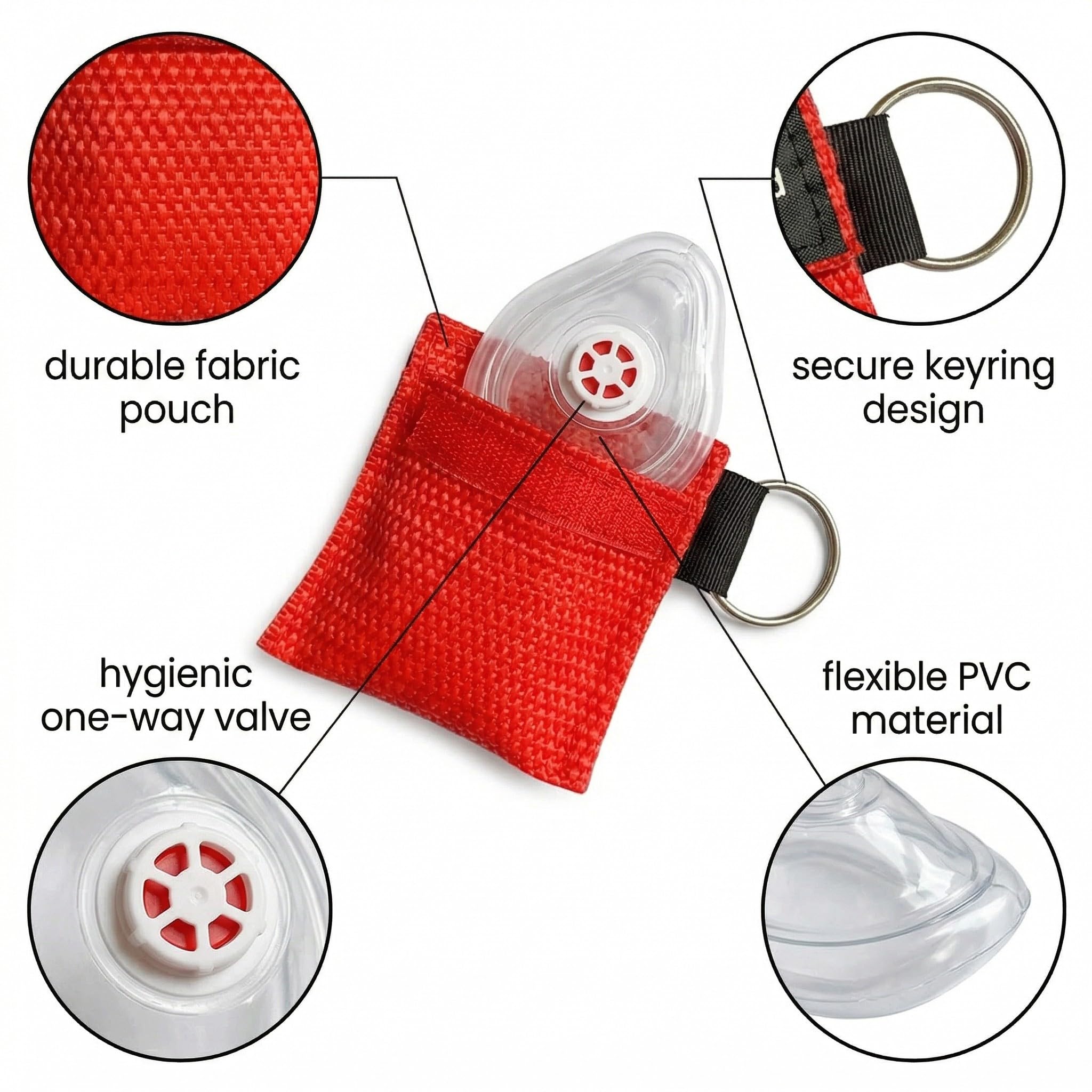 Pocket Mask 4 Mascherine Per Cpr In Pvc Da Tasca, Protezione Viso Emergenza Con Valvola Unidirezionale, Colore Rosso E Nero, Dimensioni 5X5,5Cm