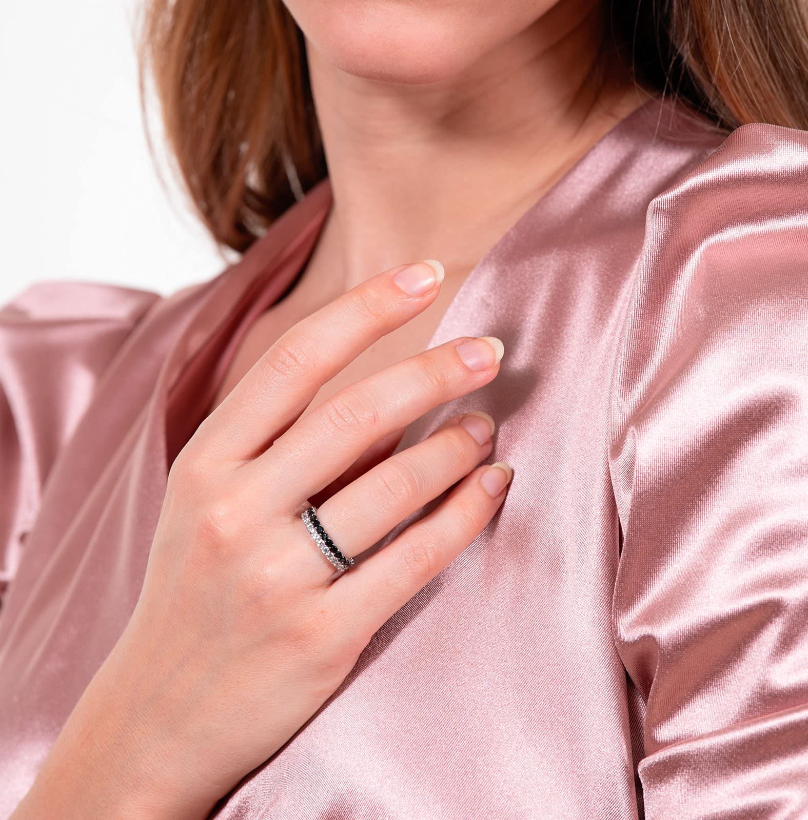 Anello veretta Bicolore Donna Anniversario Argento 925 con zirconi Bianchi e Neri -