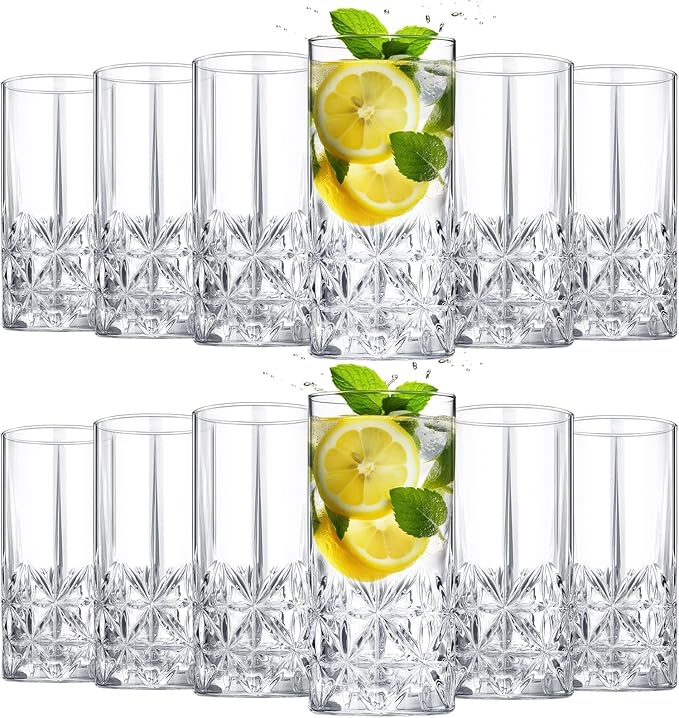 Uiifan Set of 12 Tall Highball Glasses 12 oz Crystal Drinking Glasses Clear Fancy Glass Cups Vintage Textured Designer Glassware for Cocktail Tea Water Beer Soda Beverages, Dishwasher Safe