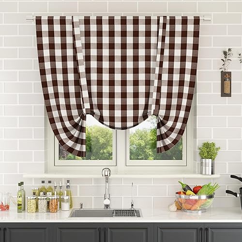 Miniatura 58 de Cortina ajustable con cenefa para ventana de cocina Buffalo Check, a cuadros, gingham, estilo granja, con bolsillo para barra, para baño, 42 x 45