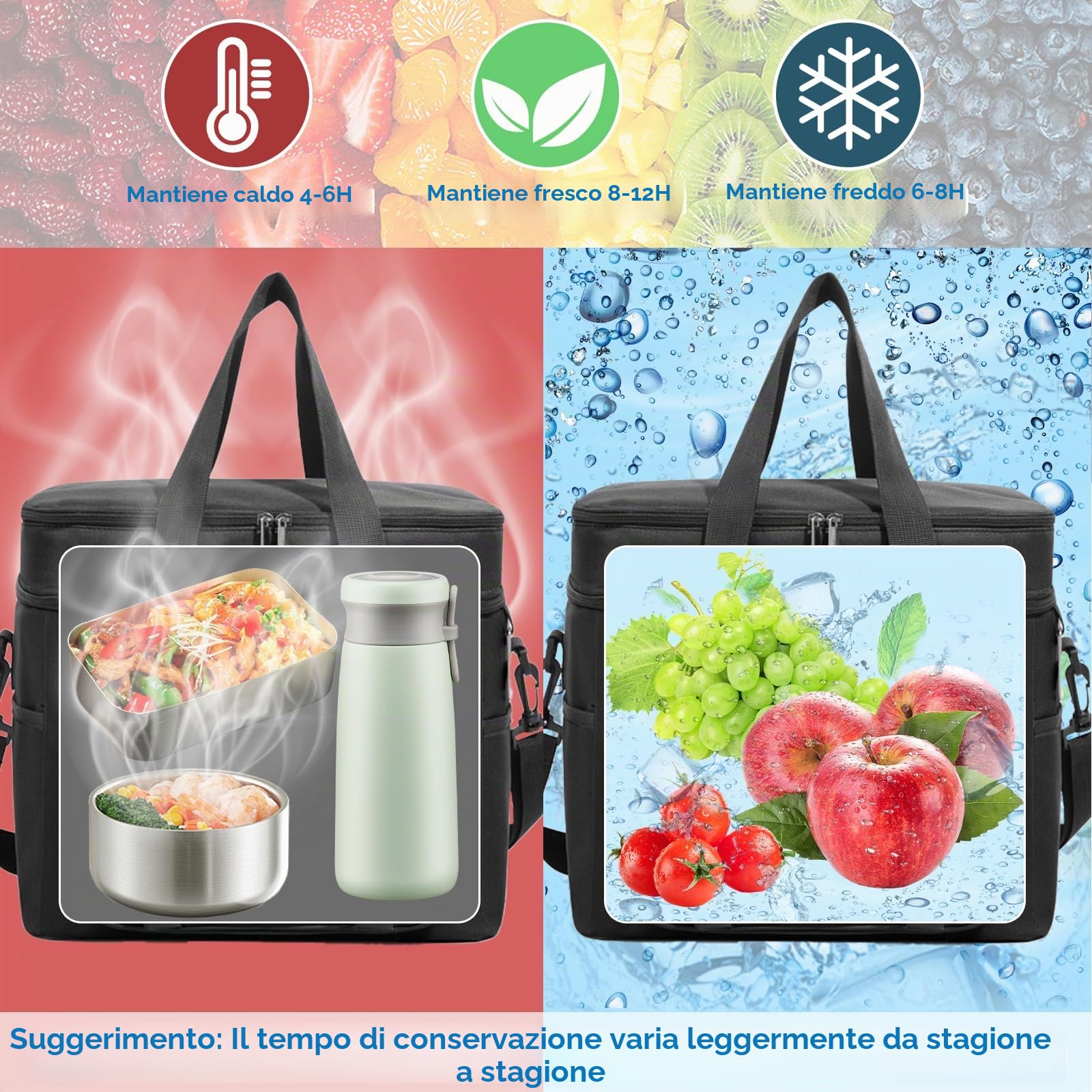 Borsa Termica Porta Pranzo 30.7L Doppio Frigo Grande con Tracolla Regolabile e Tasche Multiple per Picnic Campeggio Ufficio Nero