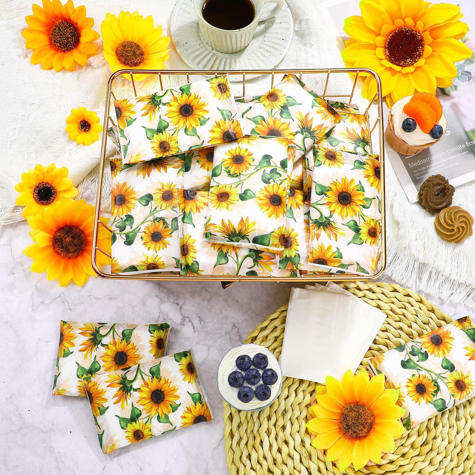 PerKoop 1000 hojas de pañuelos faciales desechables delgados de 3 capas de papel higiénico de viaje de bolsillo para bolso de invitados, cartera, escuela, fiesta en casa, paquete de 100 (girasol)