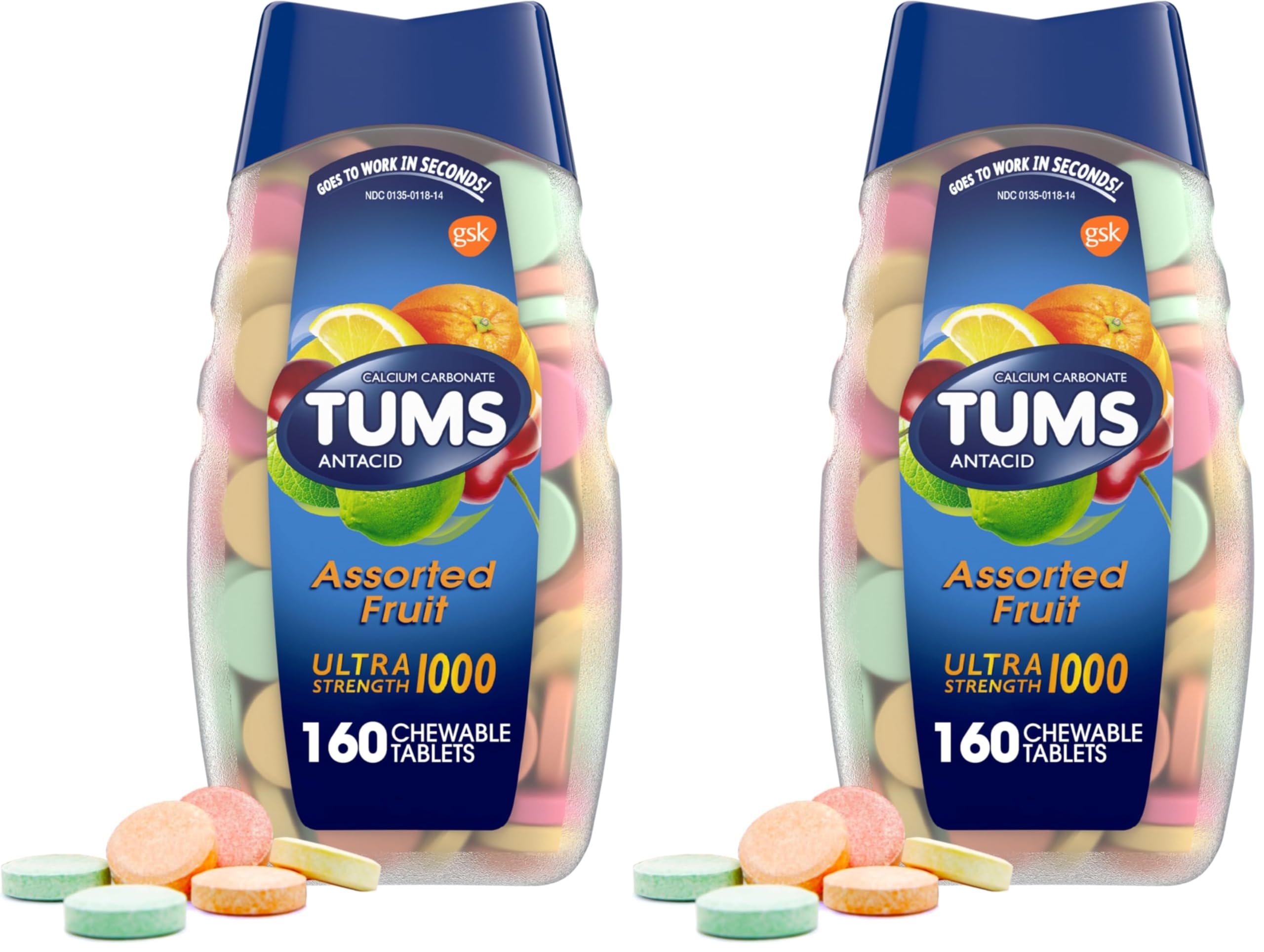 Ultra Strength Antacid Tablets for Chewable Heartburn Relief and Acid Indigestion Relief, Assorted Fruit - 160 Count (Pack of 2)