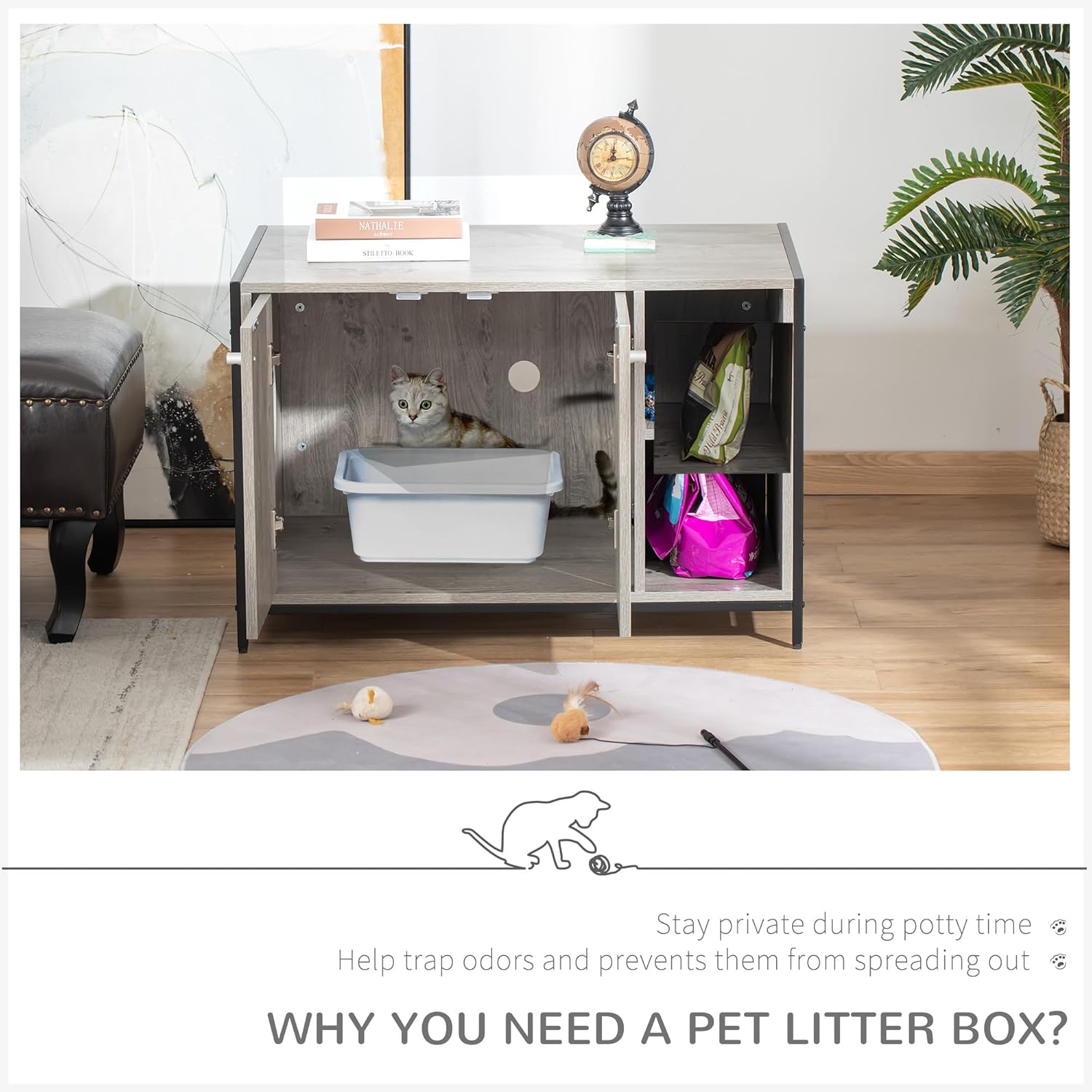 PawHut Large Cat Litter Box Enclosure, Litter Box Furniture Hidden with Magnetic Doors & Storage Shelves, Wooden Cat Washroom Indoor, 33" L x 20" W x 22" H, Gray