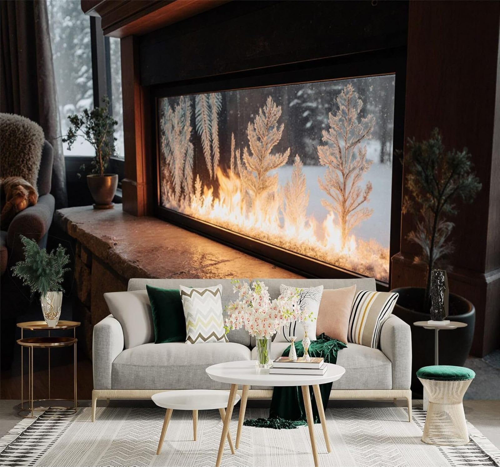 Xlming 430Cm×300Cm(B×H) Cosy Fireplace Frosted Glass Pine Trees Winter Forest Landscape 3D Wallpaper Silky Texture Home Study Office Grey Dining Room Sofa Bedroom Living Room Tv Backdrop-430Cm×300Cm