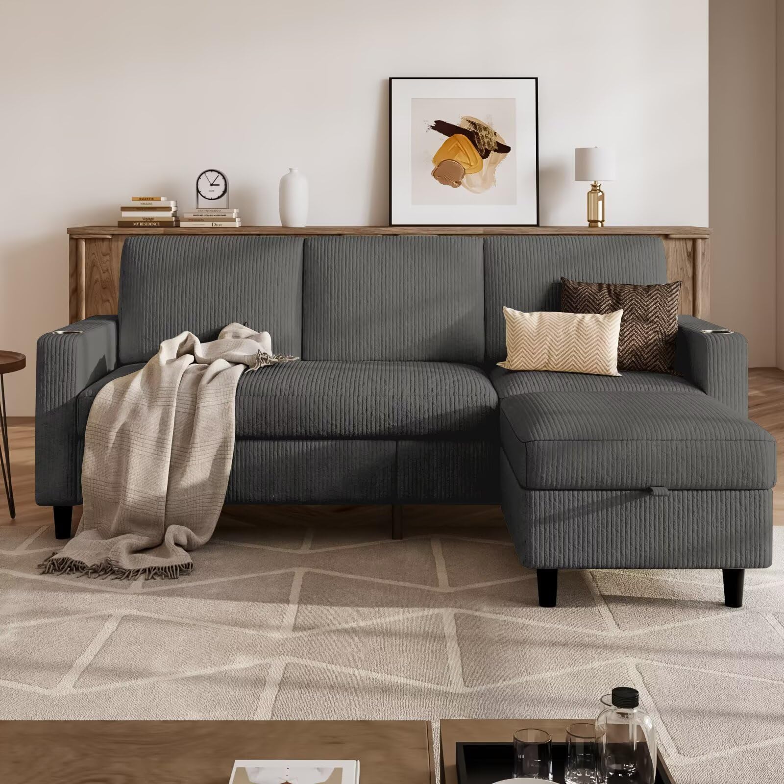 POYISOU Convertible Sectional Couches for Living Room, 3 Seats L Shaped Sofa with Storage Ottoman and 2 Cup Holders, Modern Corduroy Couch Small Sofas