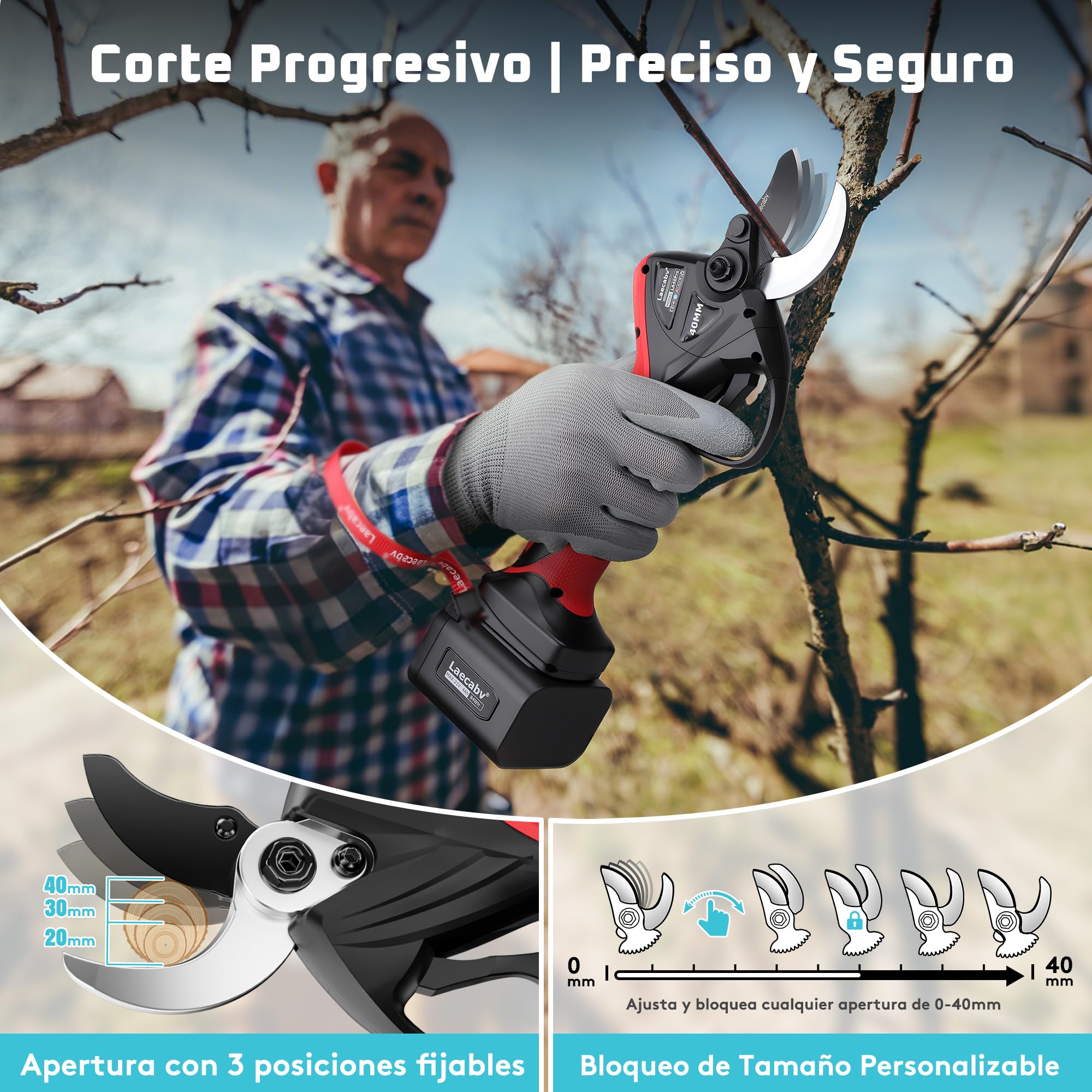 Laecabv Tijeras de Podar Eléctricas Profesionales LA40Pro, 40mm Corte Progresivo, 2x4.0Ah Baterías (12h), 2 Años de Garantía para el Cuerpo, Conector de Cintura y Pantalla LCD para Olivos y Viña