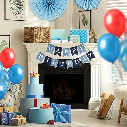 Vista 5 de Cartel de feliz cumpleaños de arpillera azul, sin bricolaje, preencordado y listo para colgar, pancarta de cumpleaños de arpillera de imitación