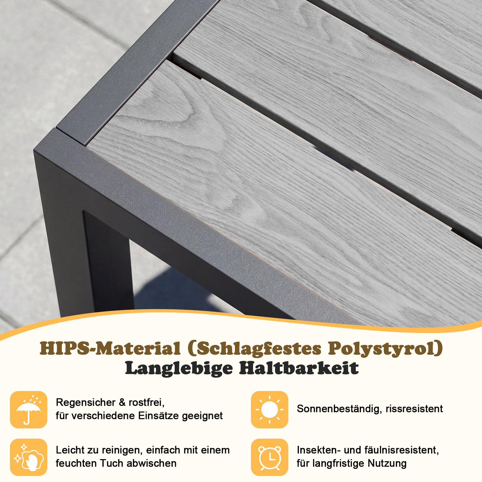 TRIUMPHKEY Gartentisch mit Aluminiumrahmen, 150x80cm PS Balkontisch Wetterfestfür 4–6 Personen, Rechteckiger Terrassentisch, Campingtisch, Hitze- und Wetterbeständig, Grau