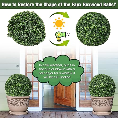 Vista 29 de Goplus 2 bolas topiarias artificiales de 19.5 pulgadas, bolas redondas de boj de imitación de acebo para exteriores con flores blancas, esferas