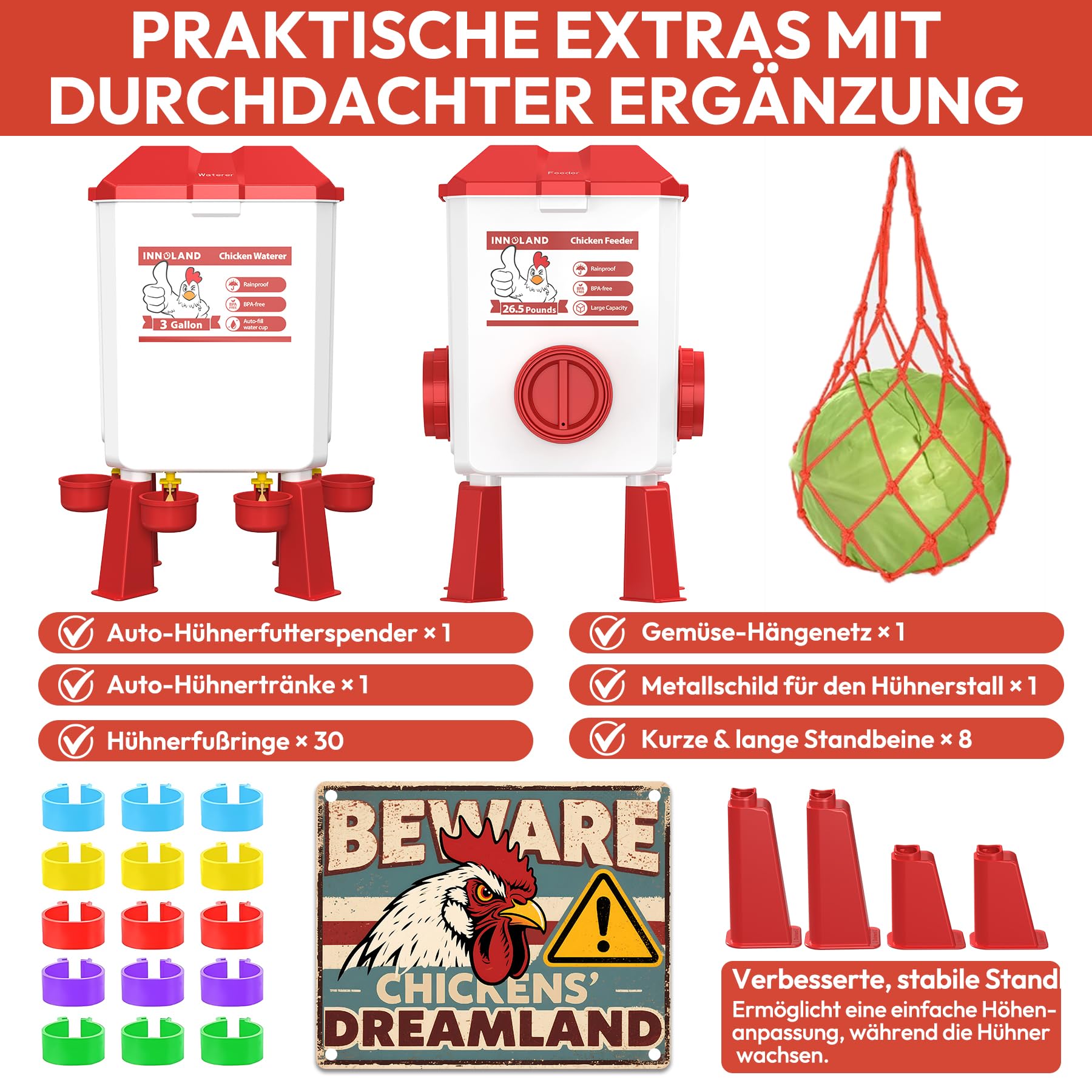 Futterautomat Hühner und Hühnertränke – 12 kg/11 L, Wassertränke Hühner mit 4 Bechern und 3 Futteröffnungen, Keine Verschwendung, Geflügeltränke, Hühnerzubehör für Hennen/Enten/Geflügel