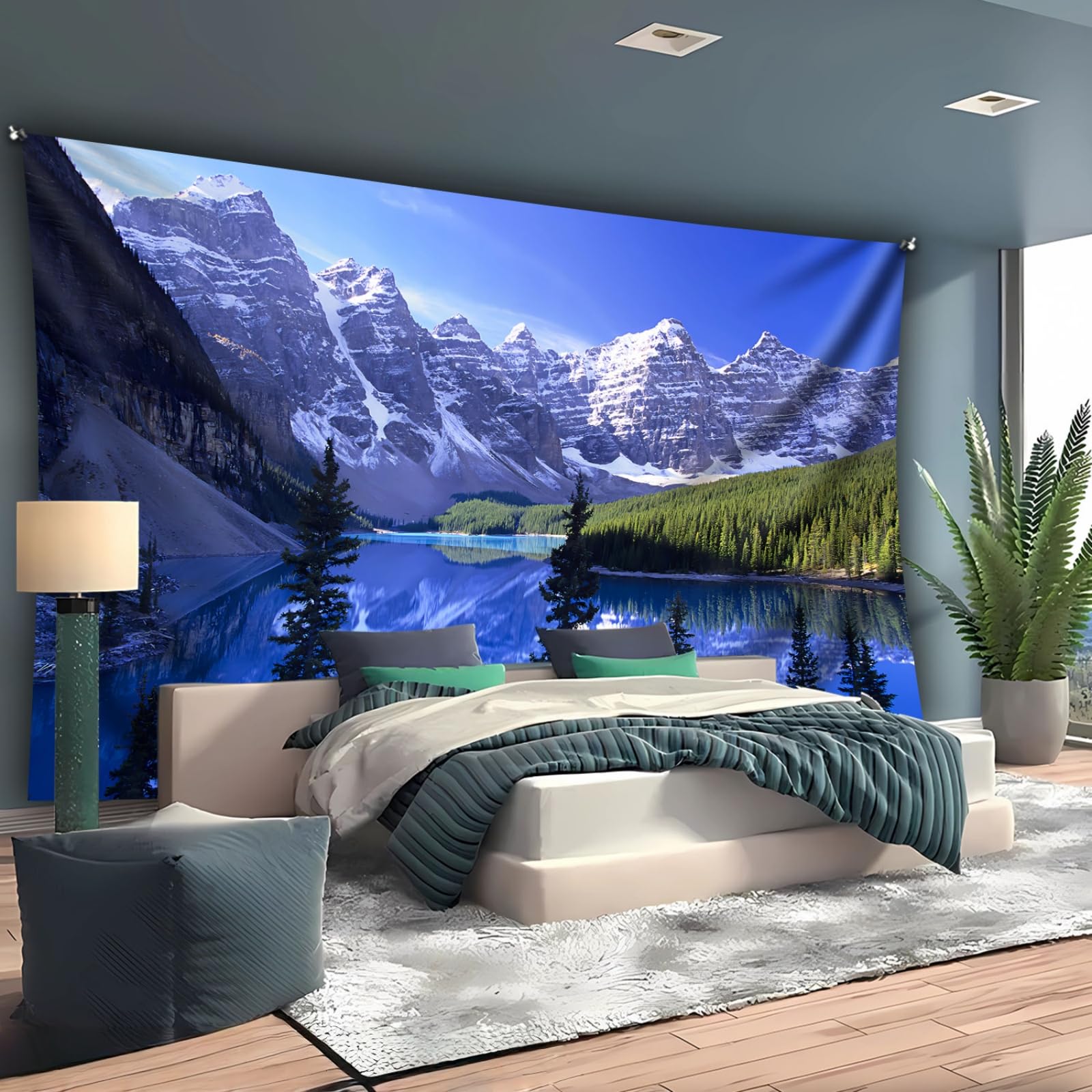 Arsey Tapisserie murale avec forêt de lac de montagne, paysage naturel, motif paysage du lac et des montagnes pour chambre à coucher, salon, décoration de fond de photographie, bleu, 300 x 200 cm